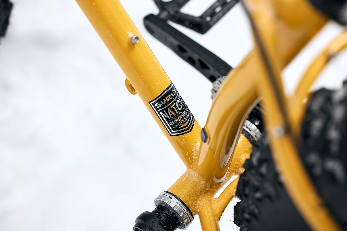 Surly Ice Cream Truck close-up of Natch Steel Tubing decal on down tube in front of bottom bracket