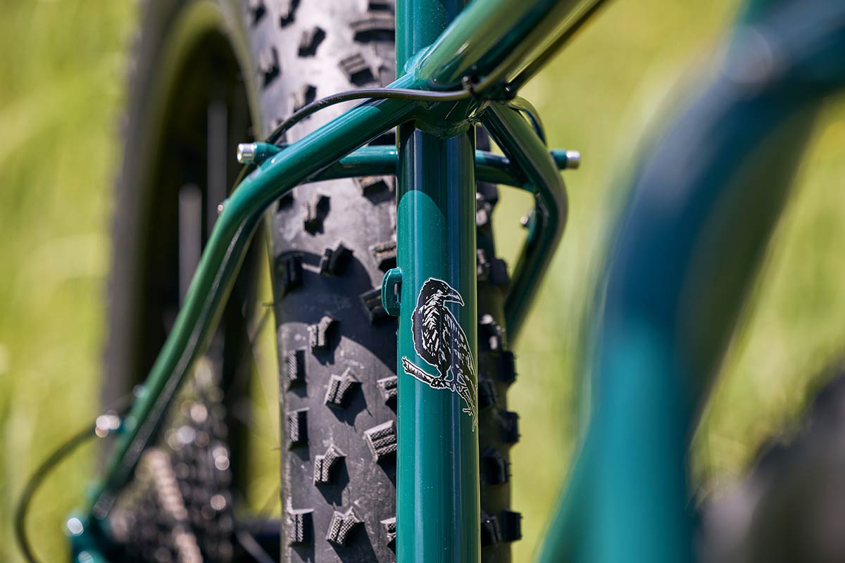Surly Wednesday seat tube decal detail of raven on a branch