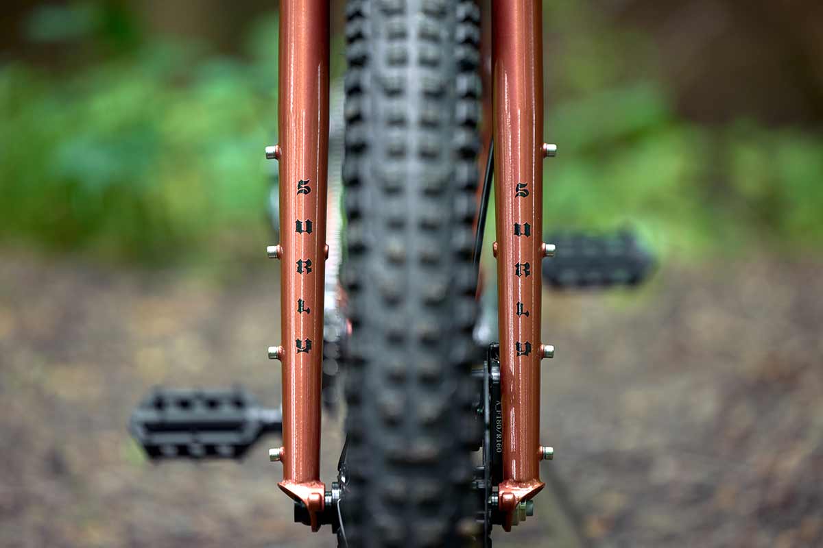 Surly Krampus rigid bike close-up of fork and front tire looking front to back
