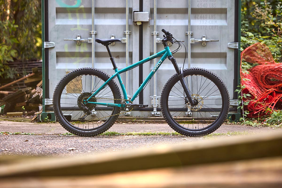 Karate Monkey front suspension complete bike in Lost at Sea Blue side view