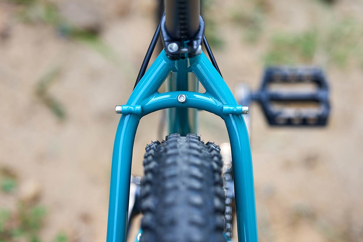 Karate Monkey front suspension bike Lost at Sea Blue showing rear tire and frame clearance