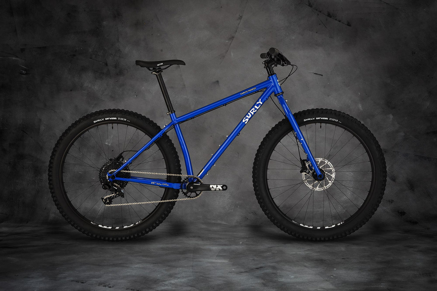 Surly Karate Monkey bike with rigid fork Blue Porta Potty color side view