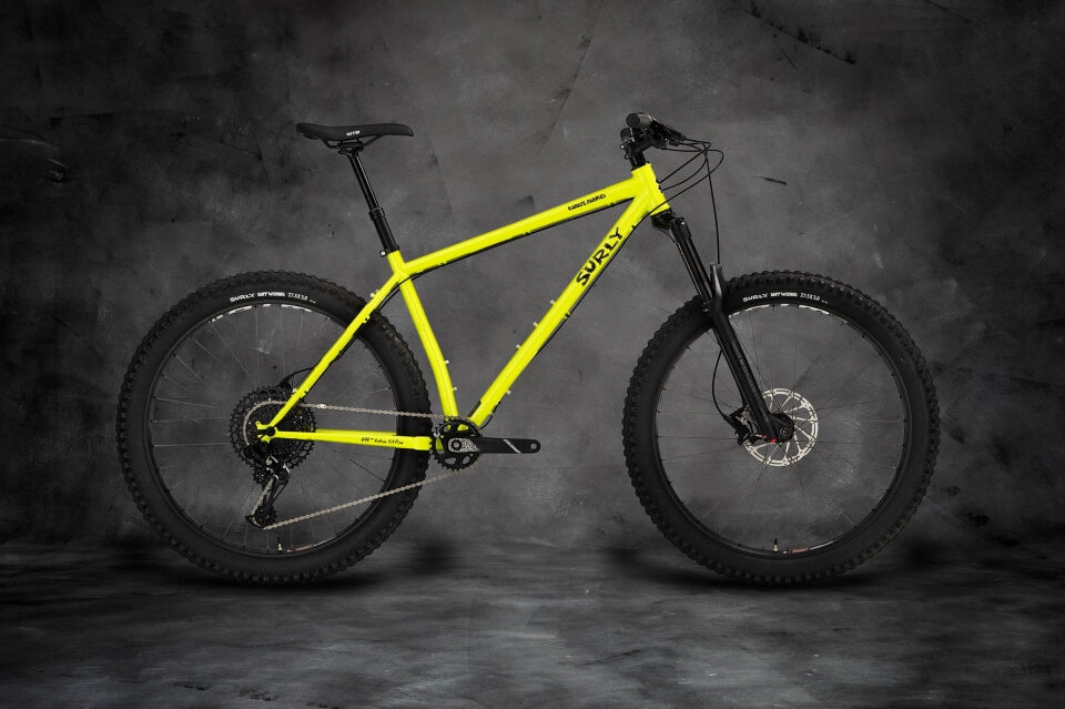 Surly Karate Monkey bike with suspension fork Lemon Lime Soda color side view