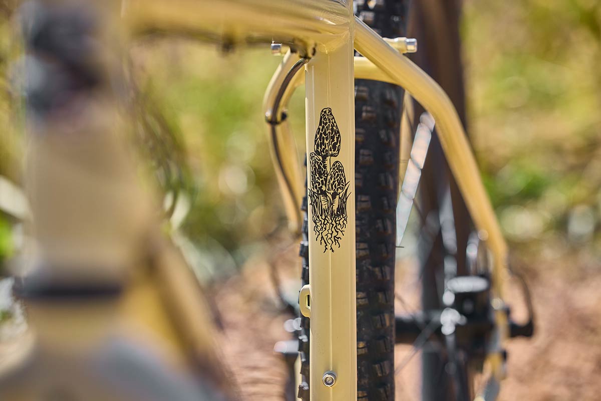 Surly Bridge Club detail, close-up of mushrooms decal on seat tube