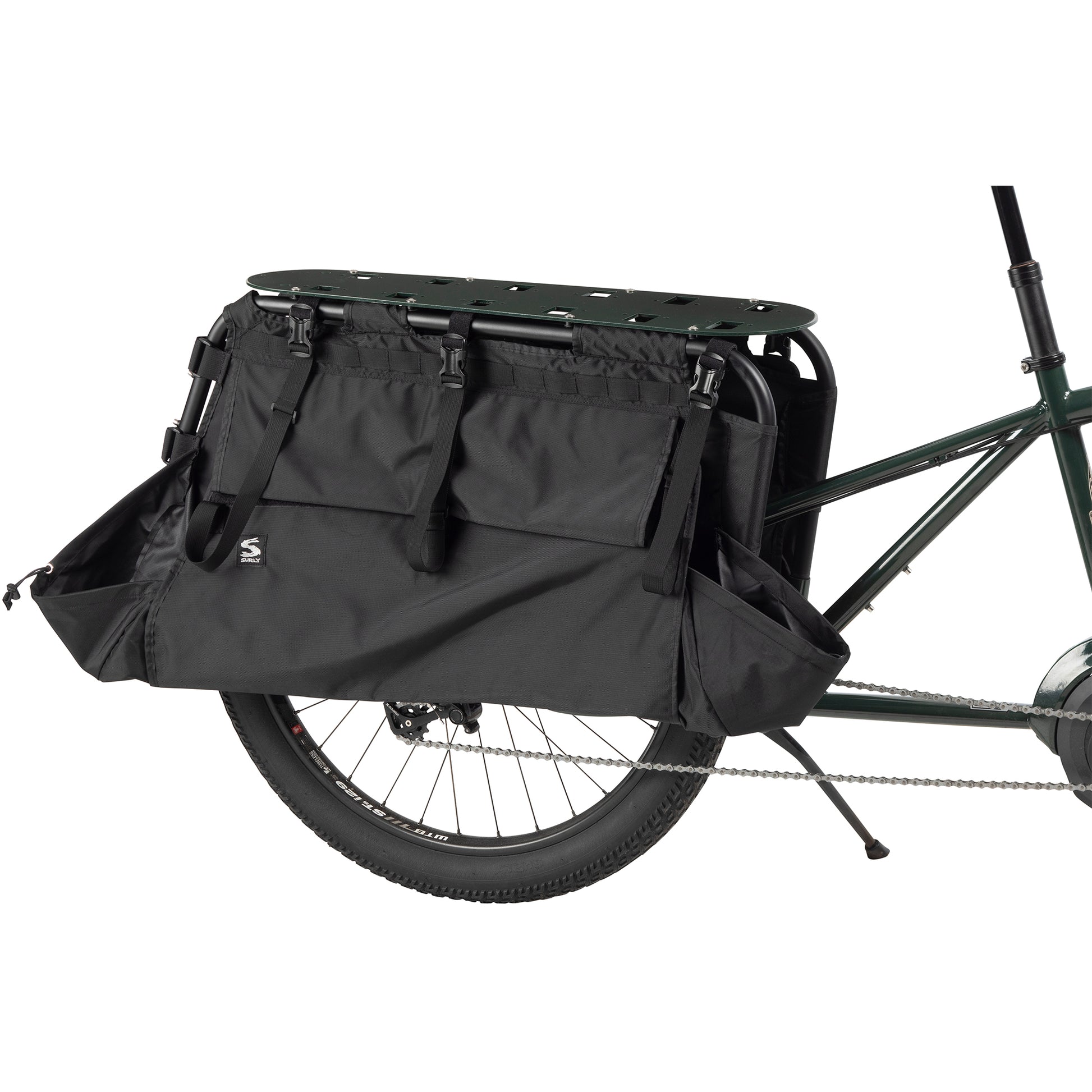 Surly Big Dummy Bag mounted on cargo Ebike three-quarter front view
