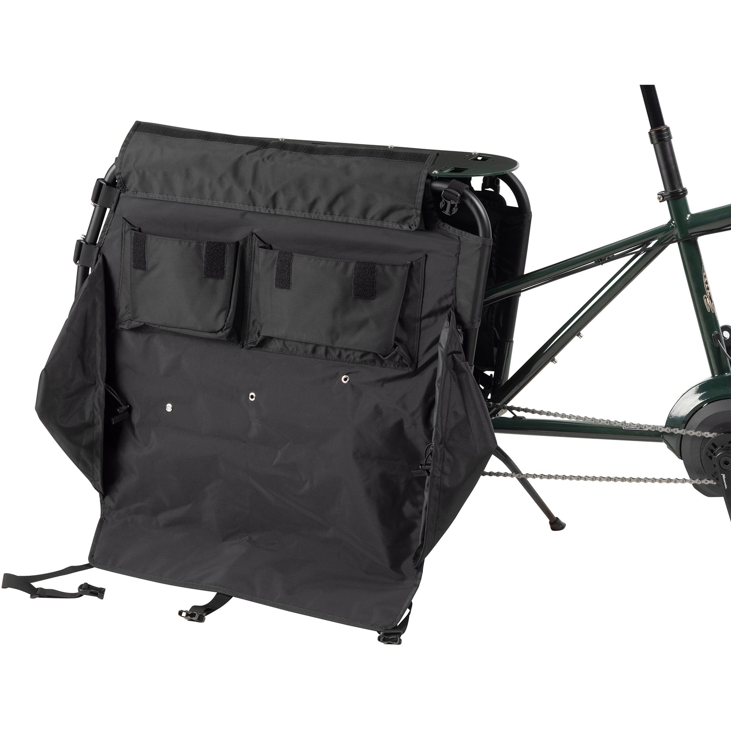 Surly Big Dummy Bag mounted on cargo Ebike with side pocket fully open and flap cover small pockets up
