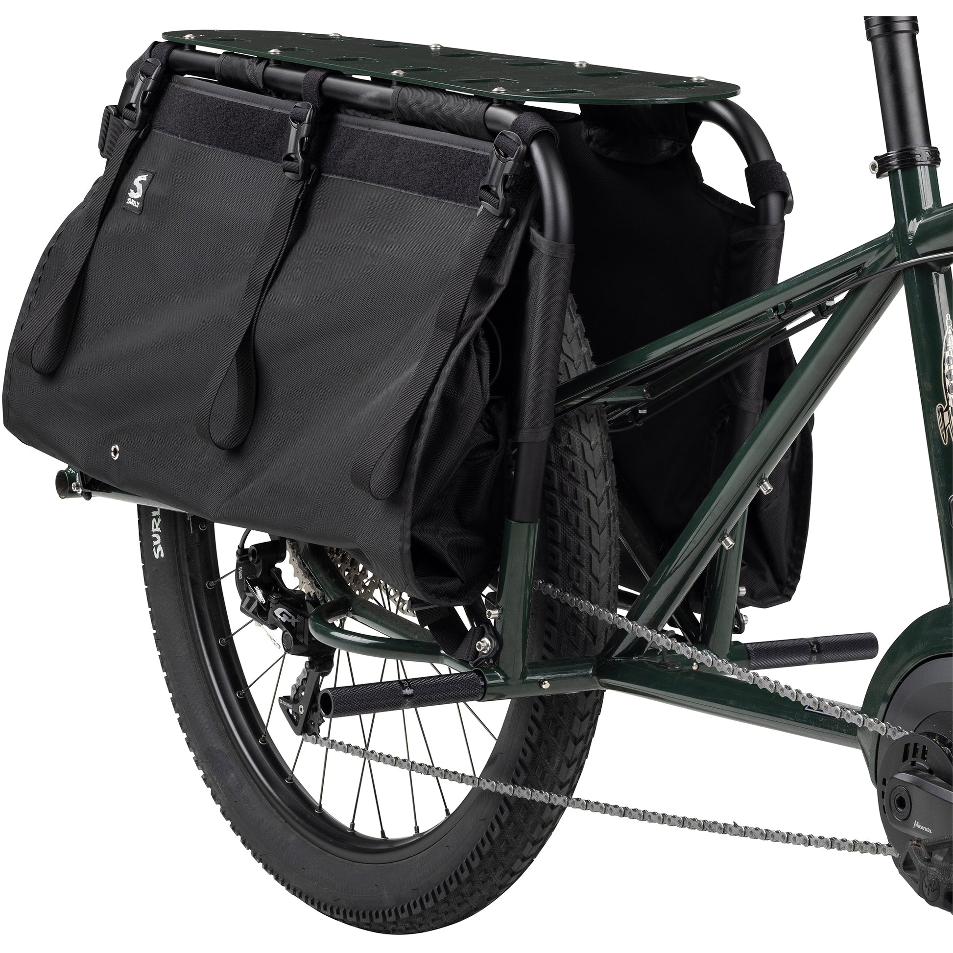Surly Big Dummy Bag mounted on cargo Ebike with side pocket fully expanded