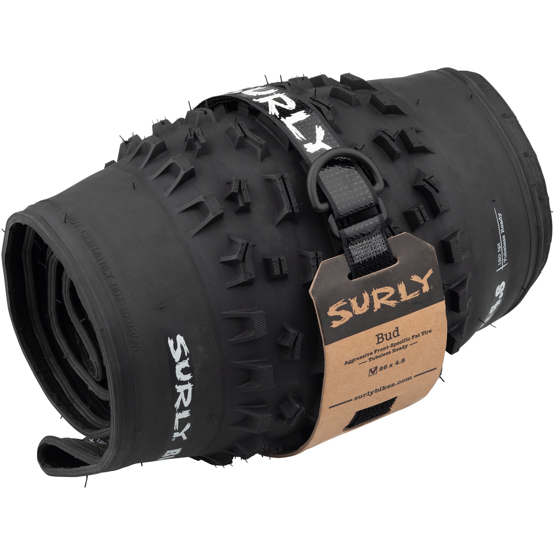 Surly Bud Tire rolled up with Whip Lash strap and header card to reduce waste