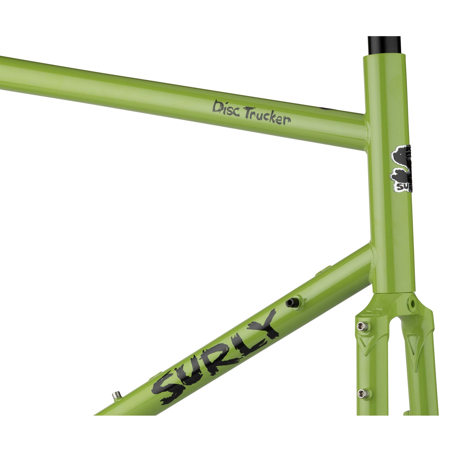 Surly Disc Trucker frameset Pea Lime Soup head tube area focus