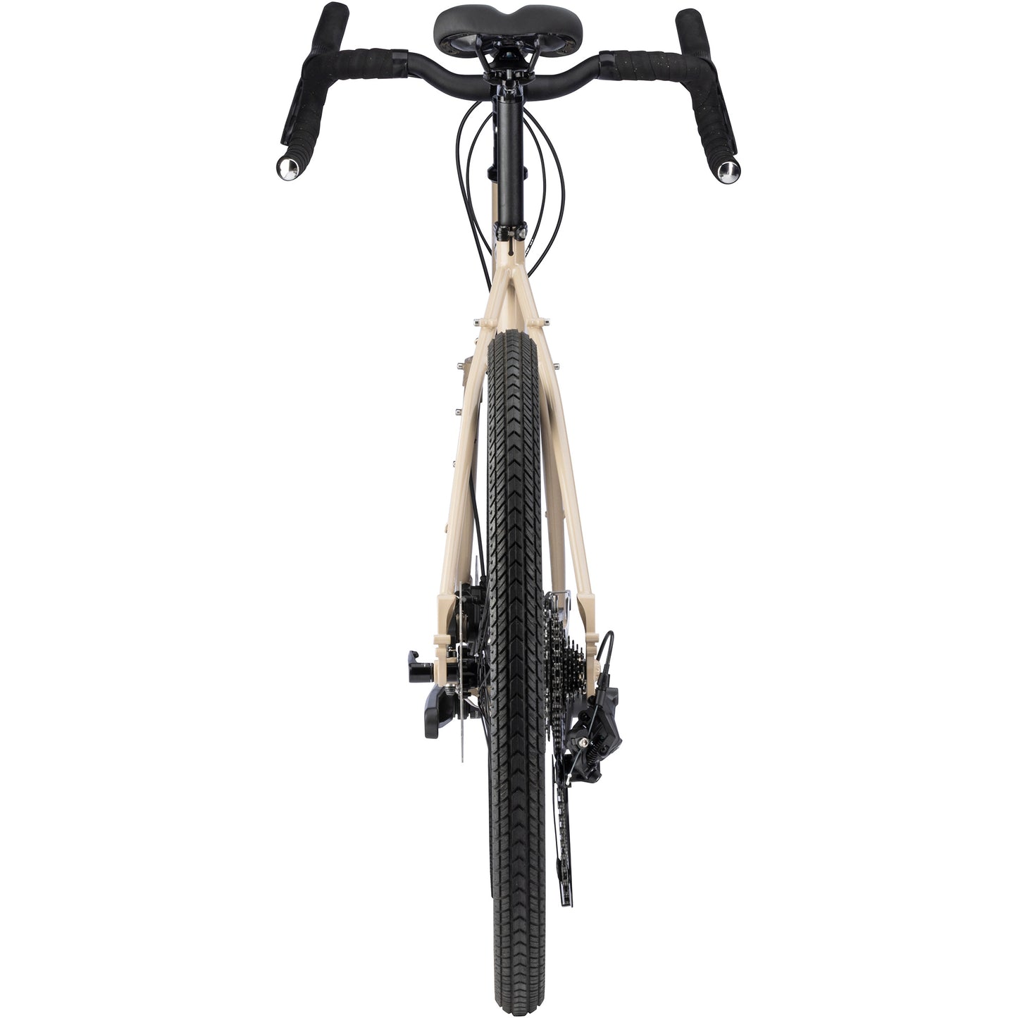 Surly Disc Trucker bike 26-inch wheels in tan color straight-on rear view on white background