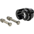 Black metal component with two screws on a white background