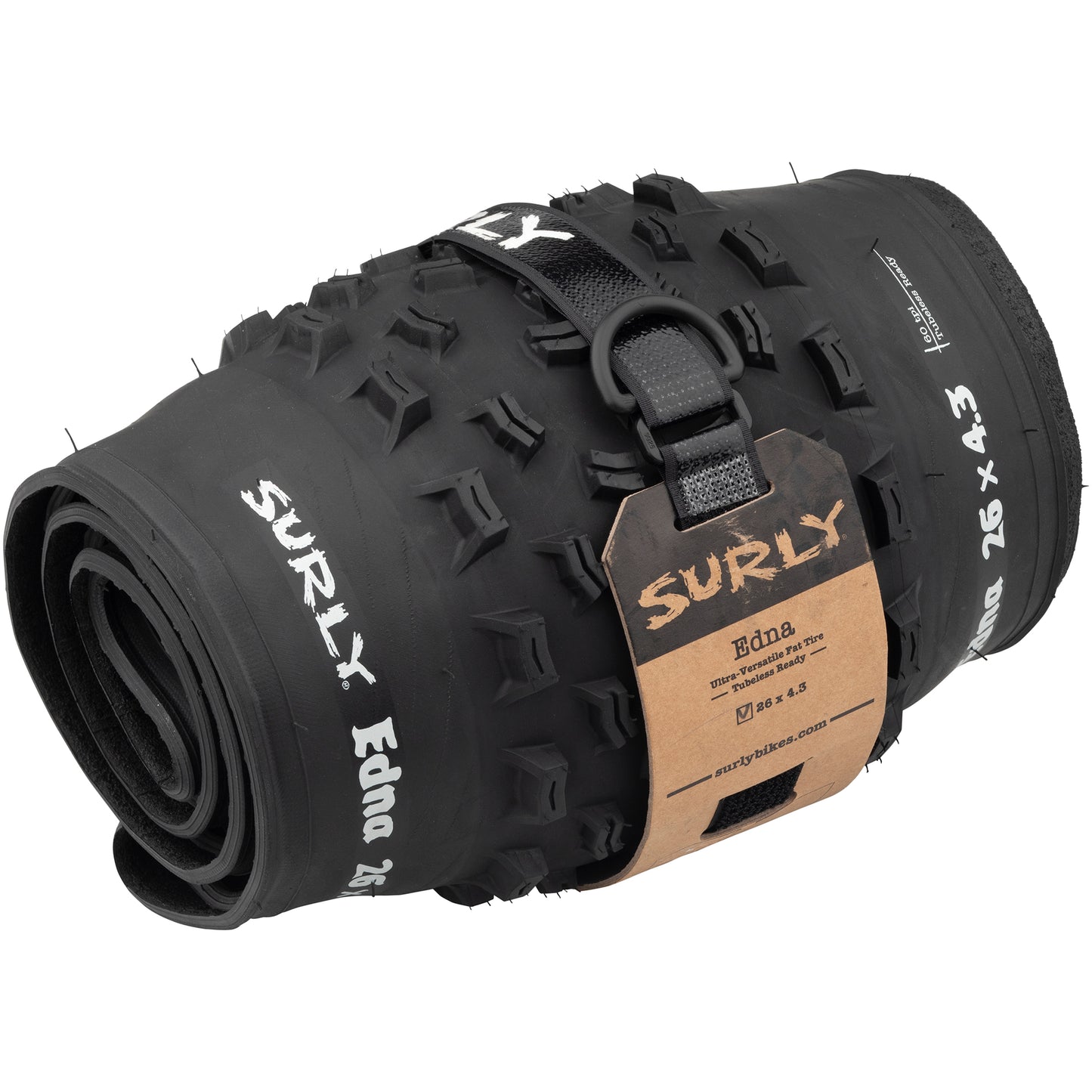 Surly Edna Fat Bike Tire rolled up with Whip Lash Strap and header card to reduce waste