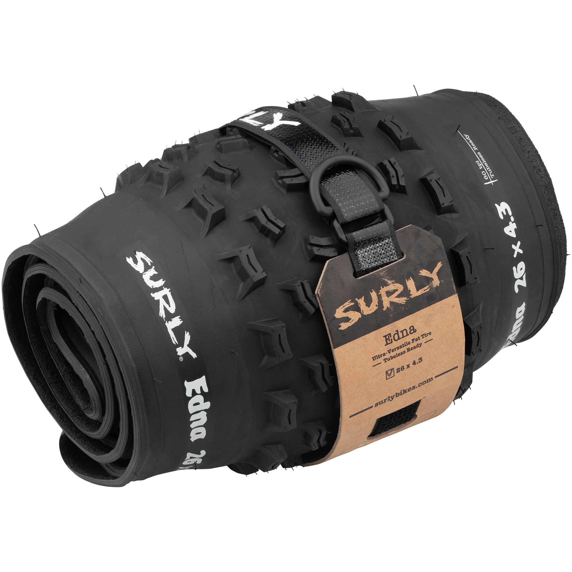 Surly Edna Fat Bike Tire rolled up with Whip Lash Strap and header card to reduce waste