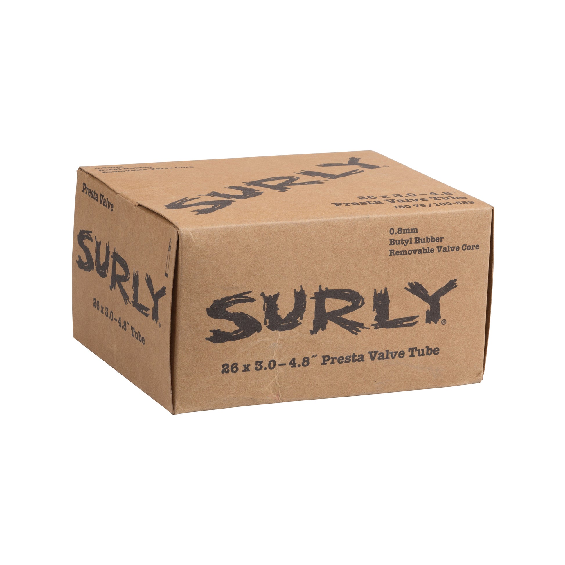 Surly bicycle inner tube box 26 x 3.0–4.8" with logo on white background