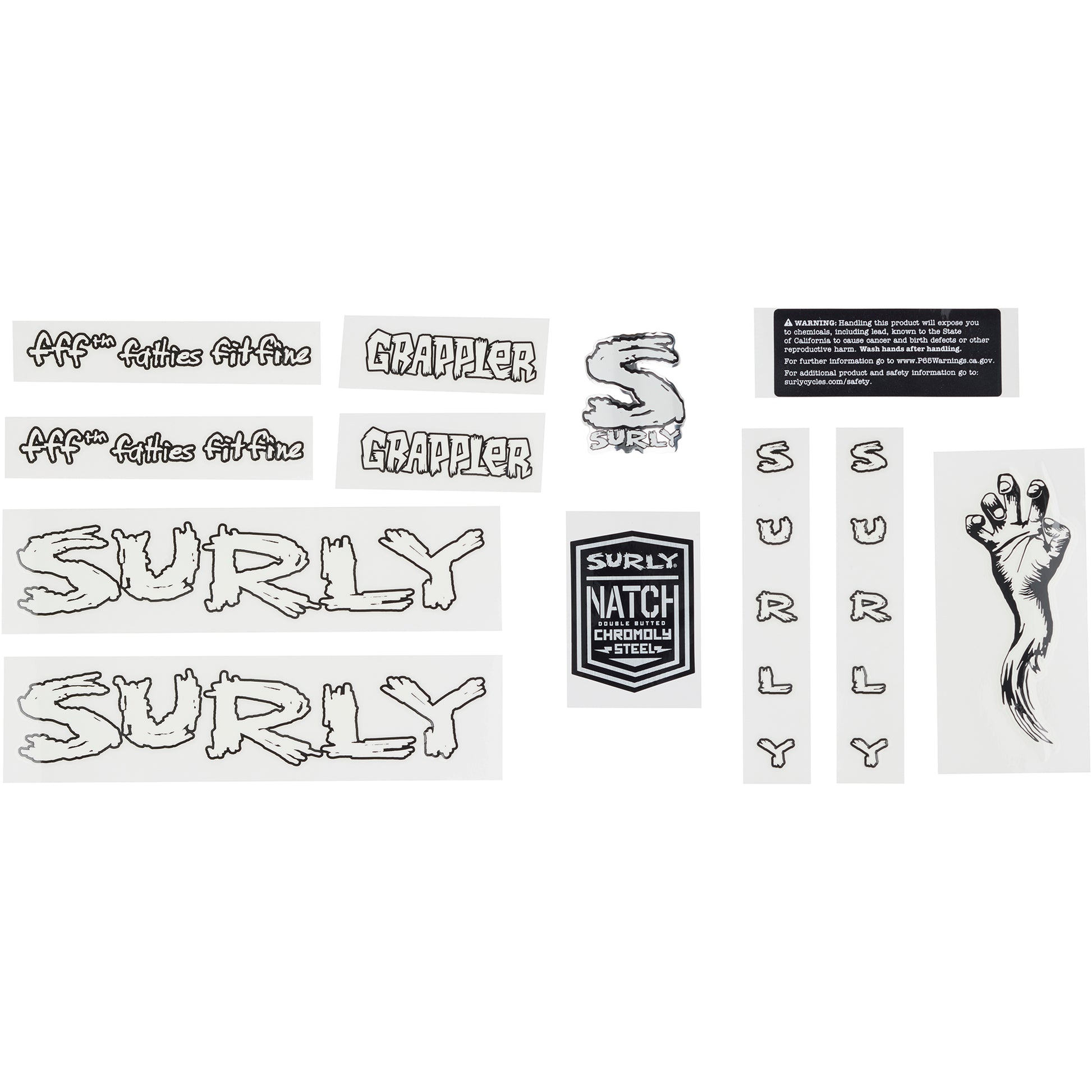 Surly Grappler Decal Set White sheet of all decals for bike with headbadge