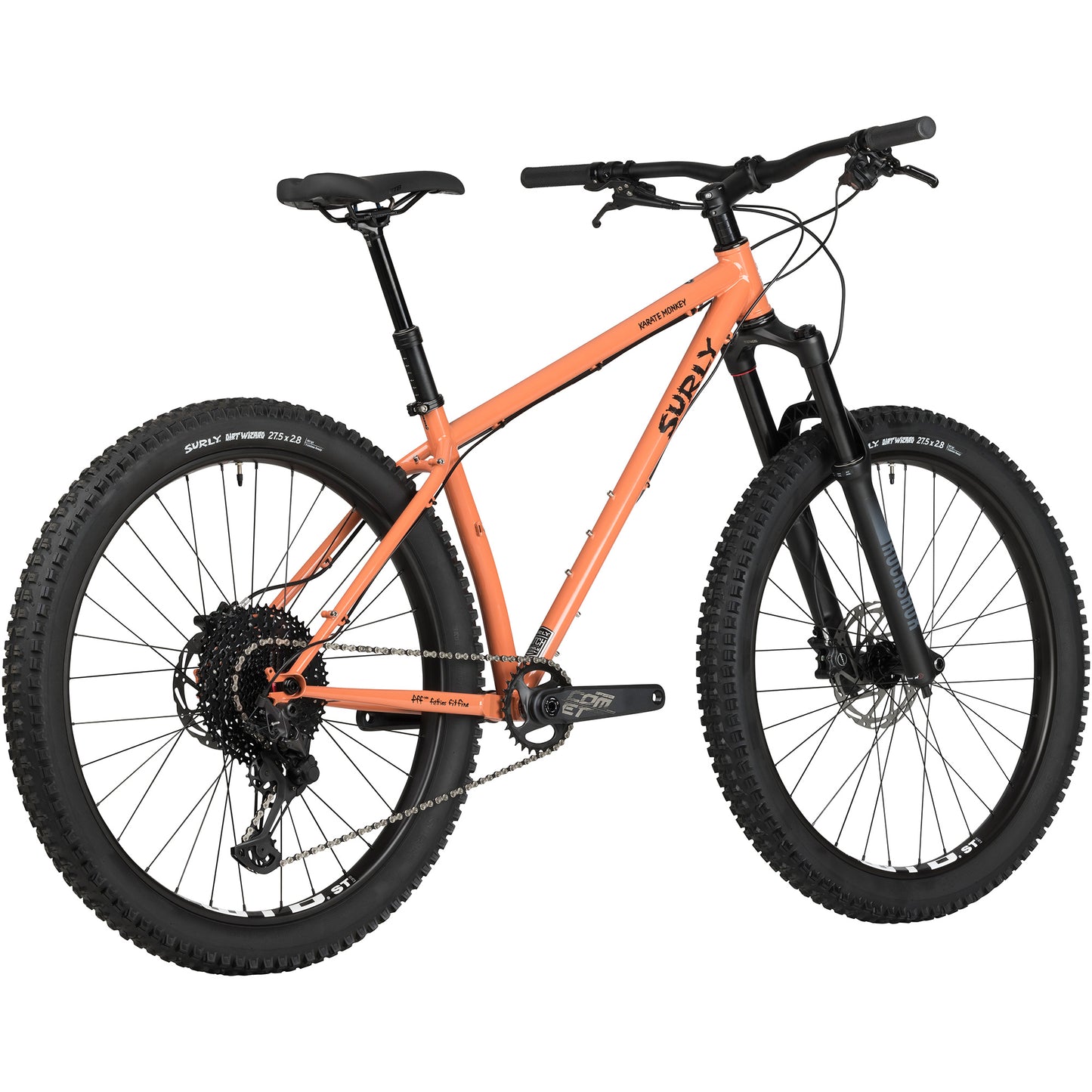 Surly Karate Monkey Front Suspension mountain bike Peach Salmon Sundae rear three-quarter view