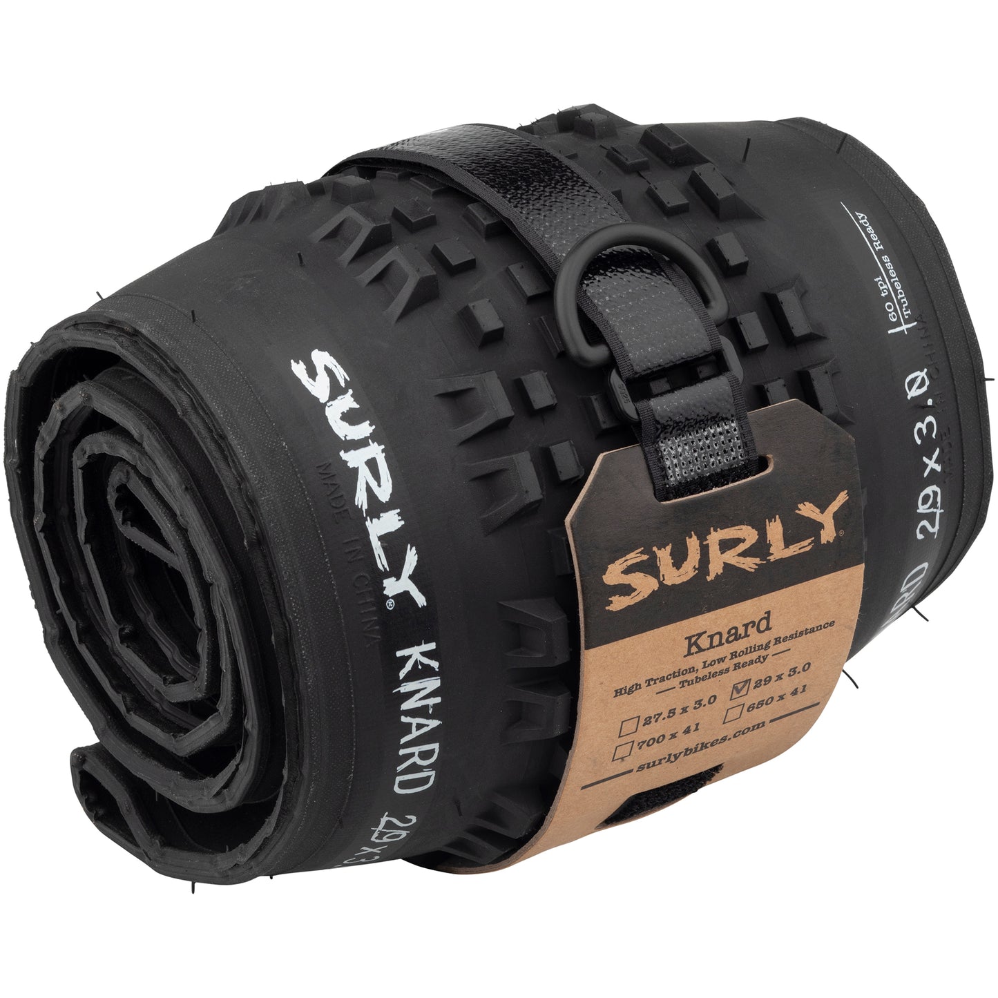 Surly Knard Tire rolled up with Whip Lash strap and header card to reduce waste