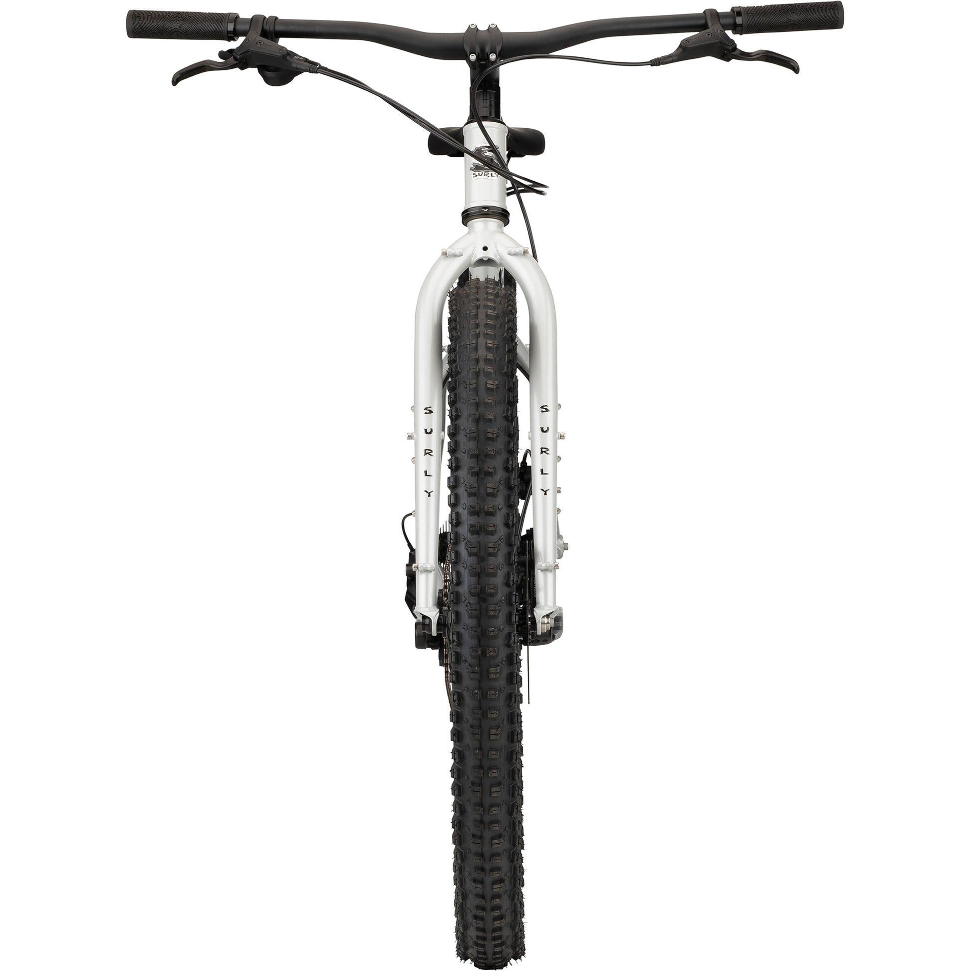 Surly Krampus Rigid Bike in First Loser silver color straight-on front view on white background