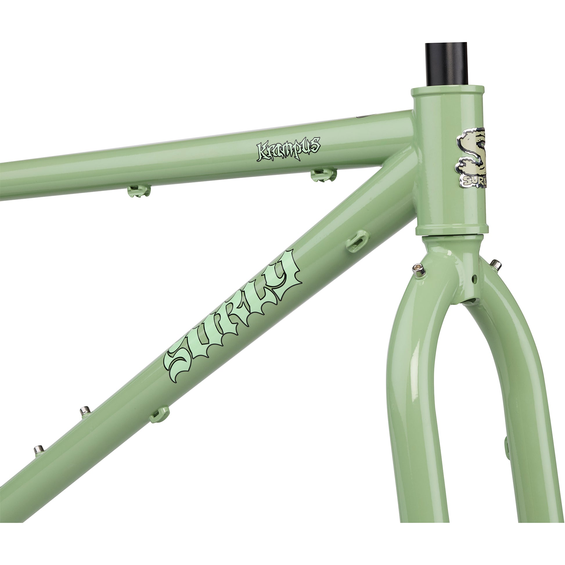 Surly Krampus frameset Sage Green color head tube area focus