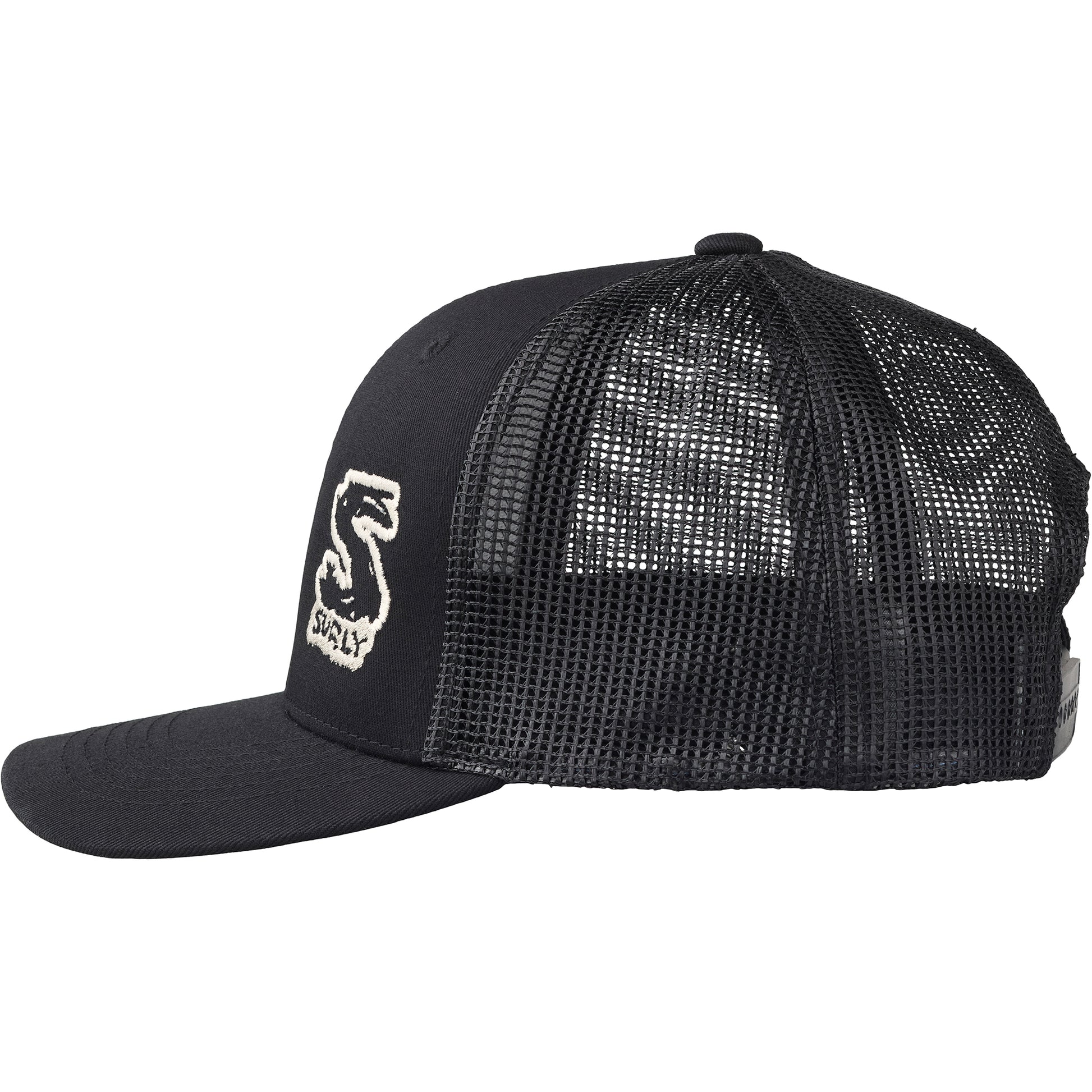 Surly Little Black Snap Back Hat black trucker style hat side view