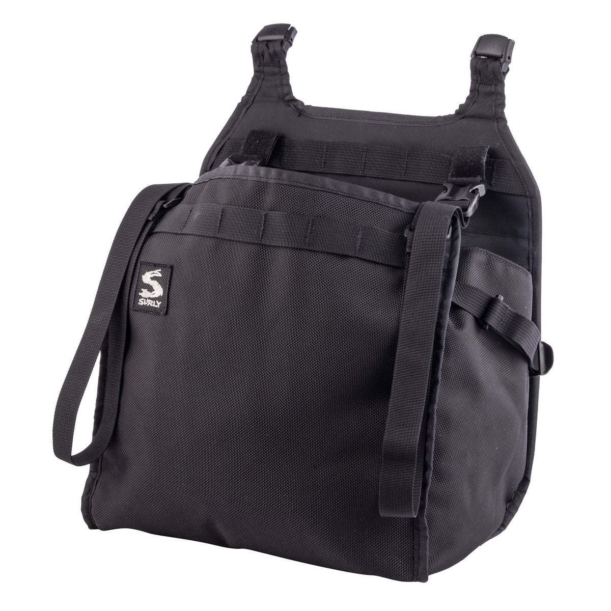 Surly Little Dummy Bag black color showing outer facing orientation with buckle straps and small Surly logo