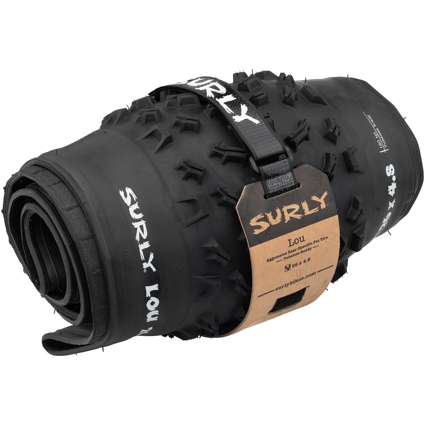 Surly Lou Tire rolled up with Whip Lash strap and header card to reduce waste