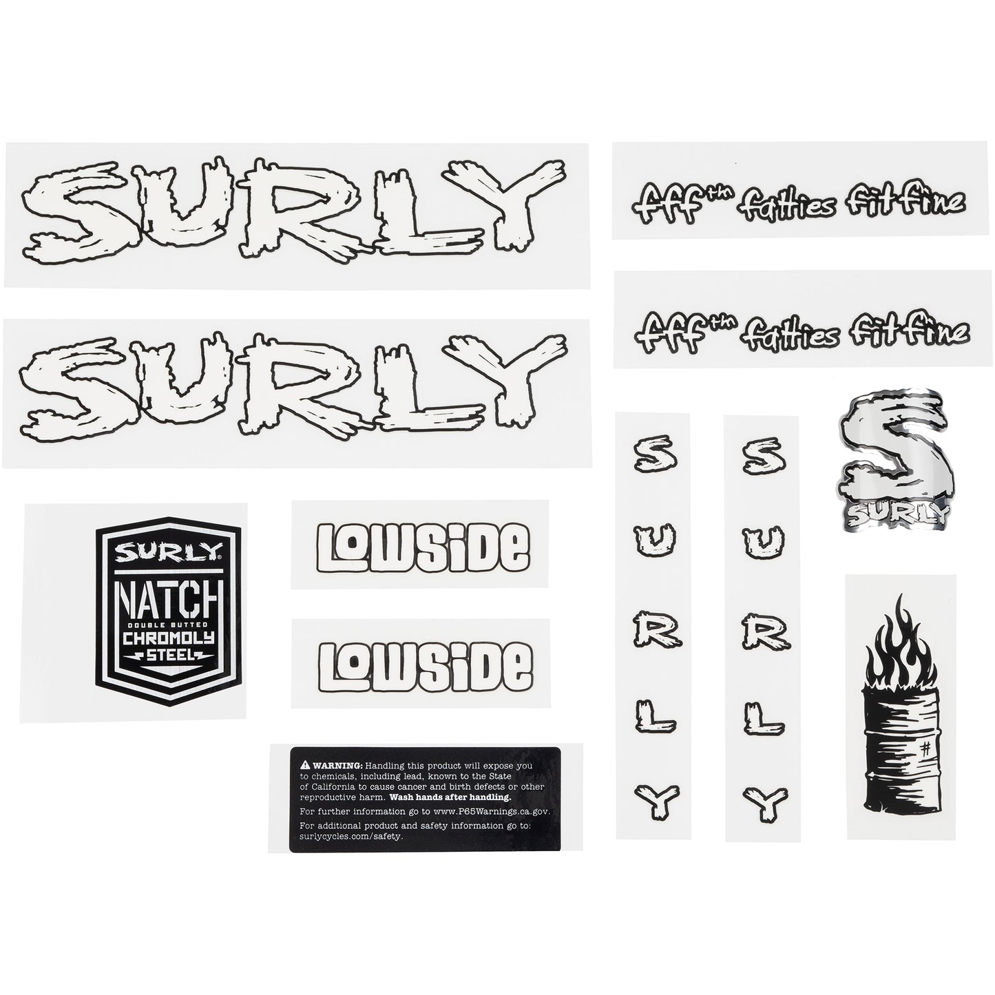 Surly Lowside Decal Set White sheet of all decals for bike with headbadge