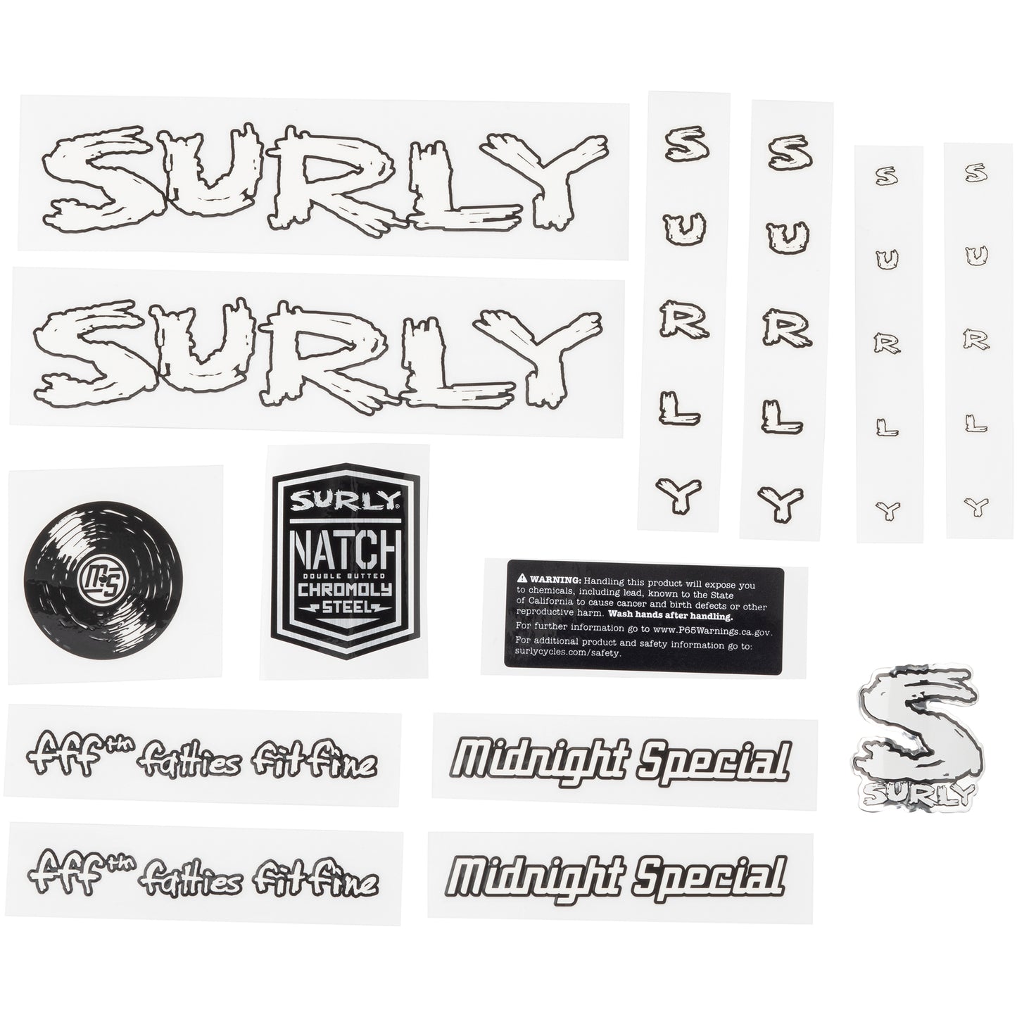 Surly Midnight Special Decal Set White sheet of all decals for bike with headbadge
