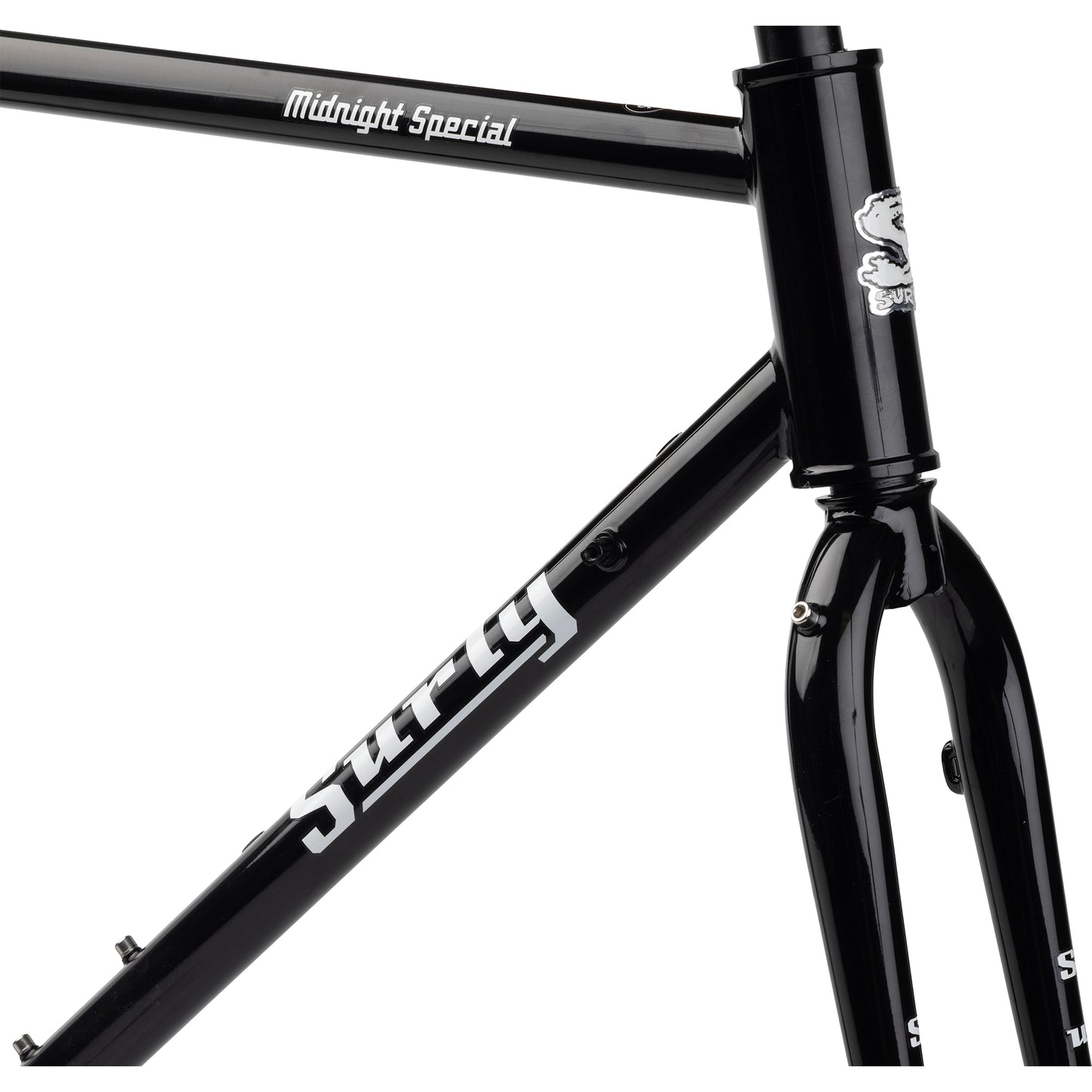 Surly Midnight Special frameset in Hi-Viz black head tube area focus