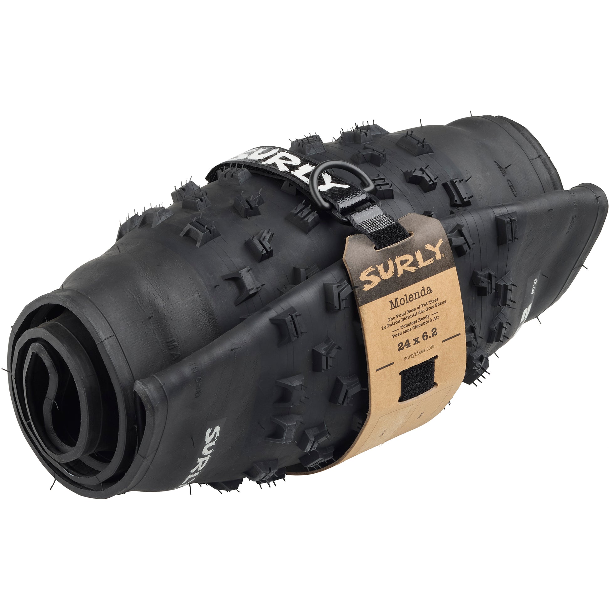 Surly Molenda Fat Bike Tire rolled up with Whip Lash strap and header card to reduce waste