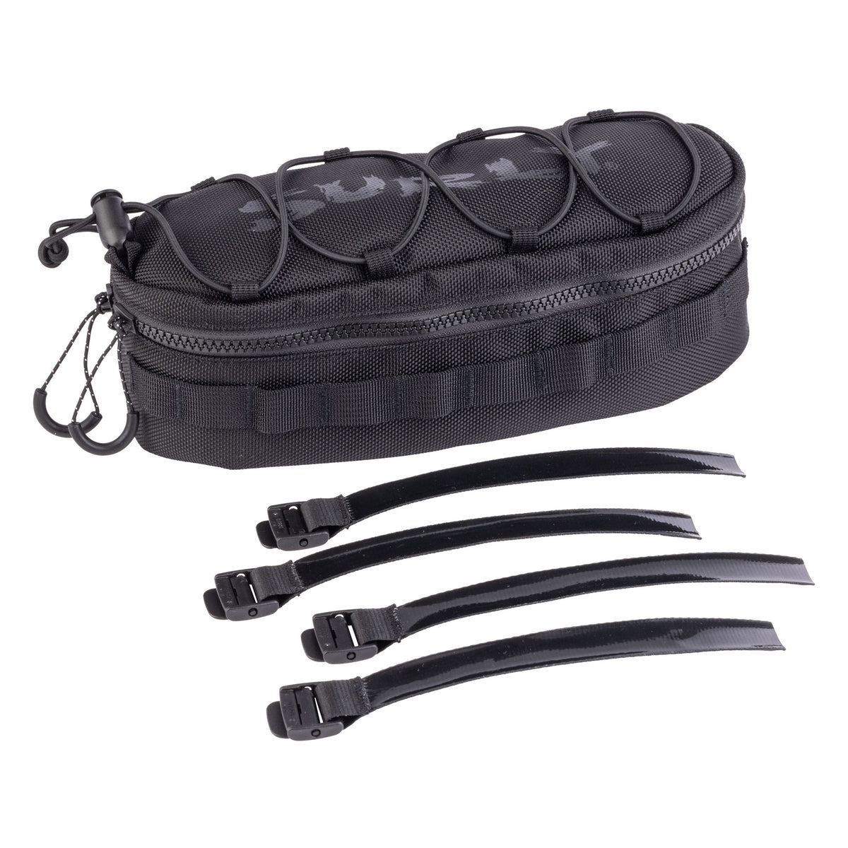 A black tactical gear bag with three matching black zippered straps, displayed on a clean white background.