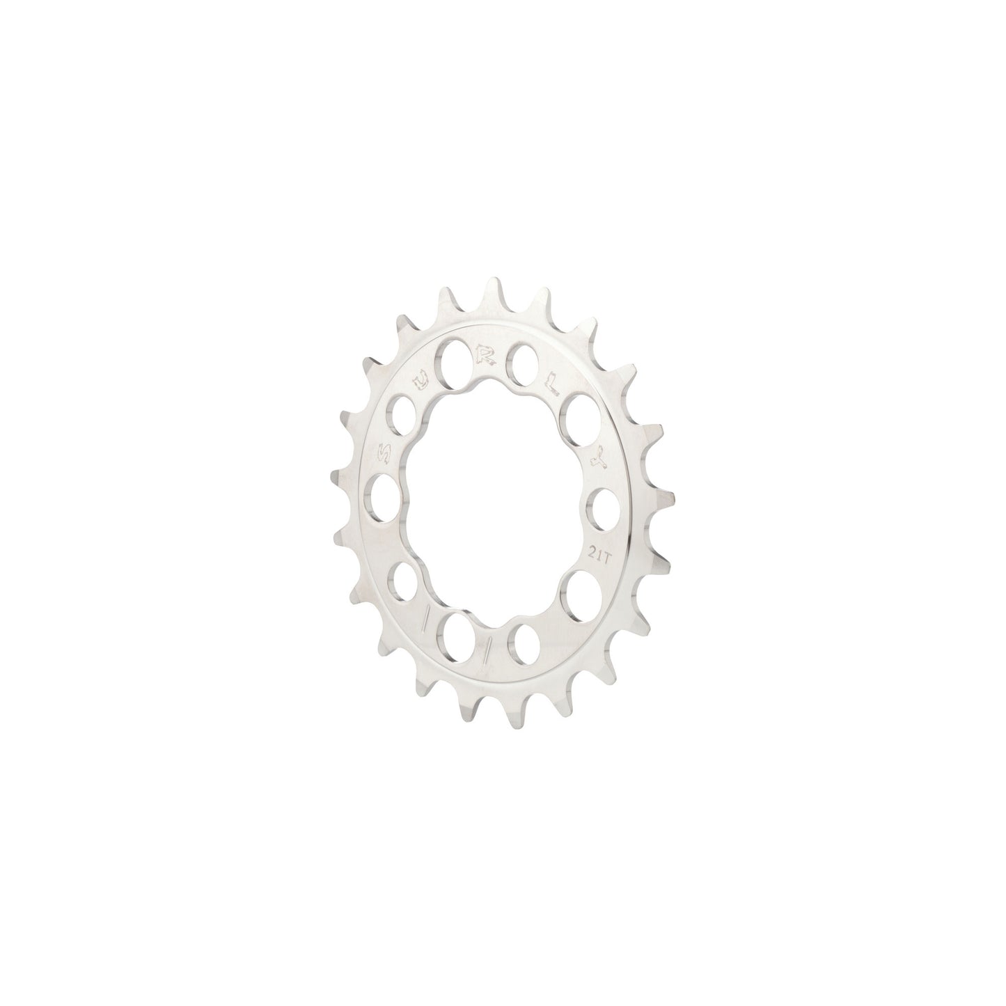 Surly stainless steel chainring with laser etched logo on white background