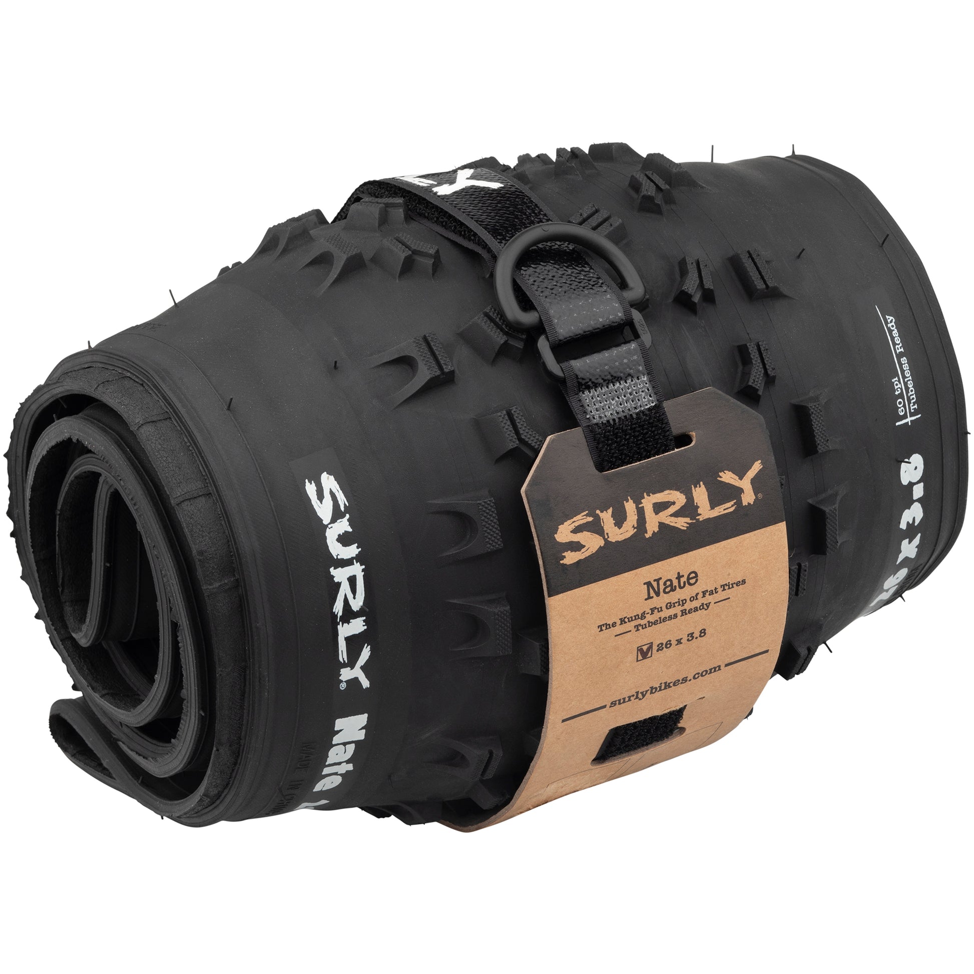 Surly Nate Tire rolled up with Whip Lash strap and header card to reduce waste