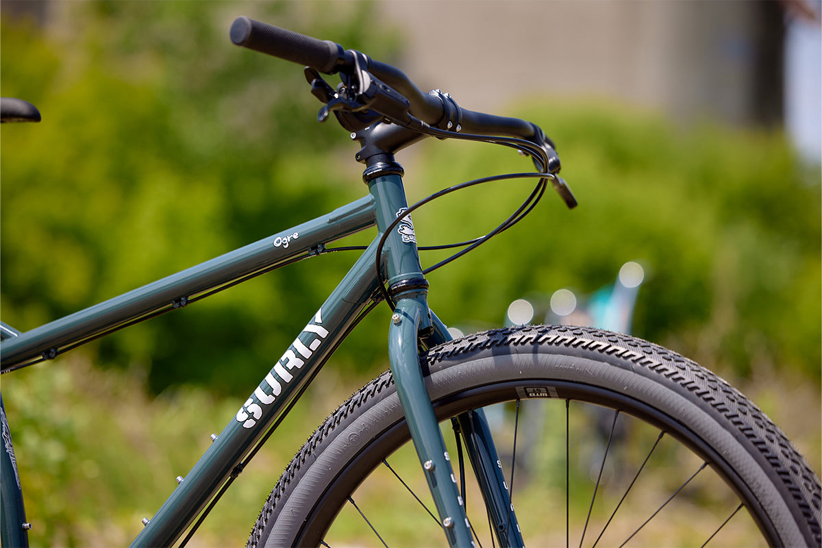 Surly Ogre bike green color front three-quarter view outside
