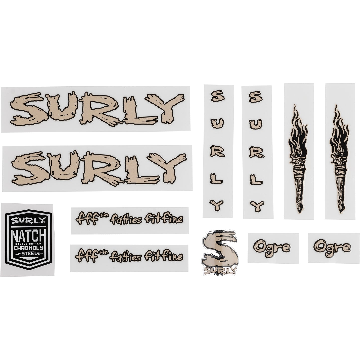 Surly Ogre Decal Set Tan sheet of all decals for bike with headbadge
