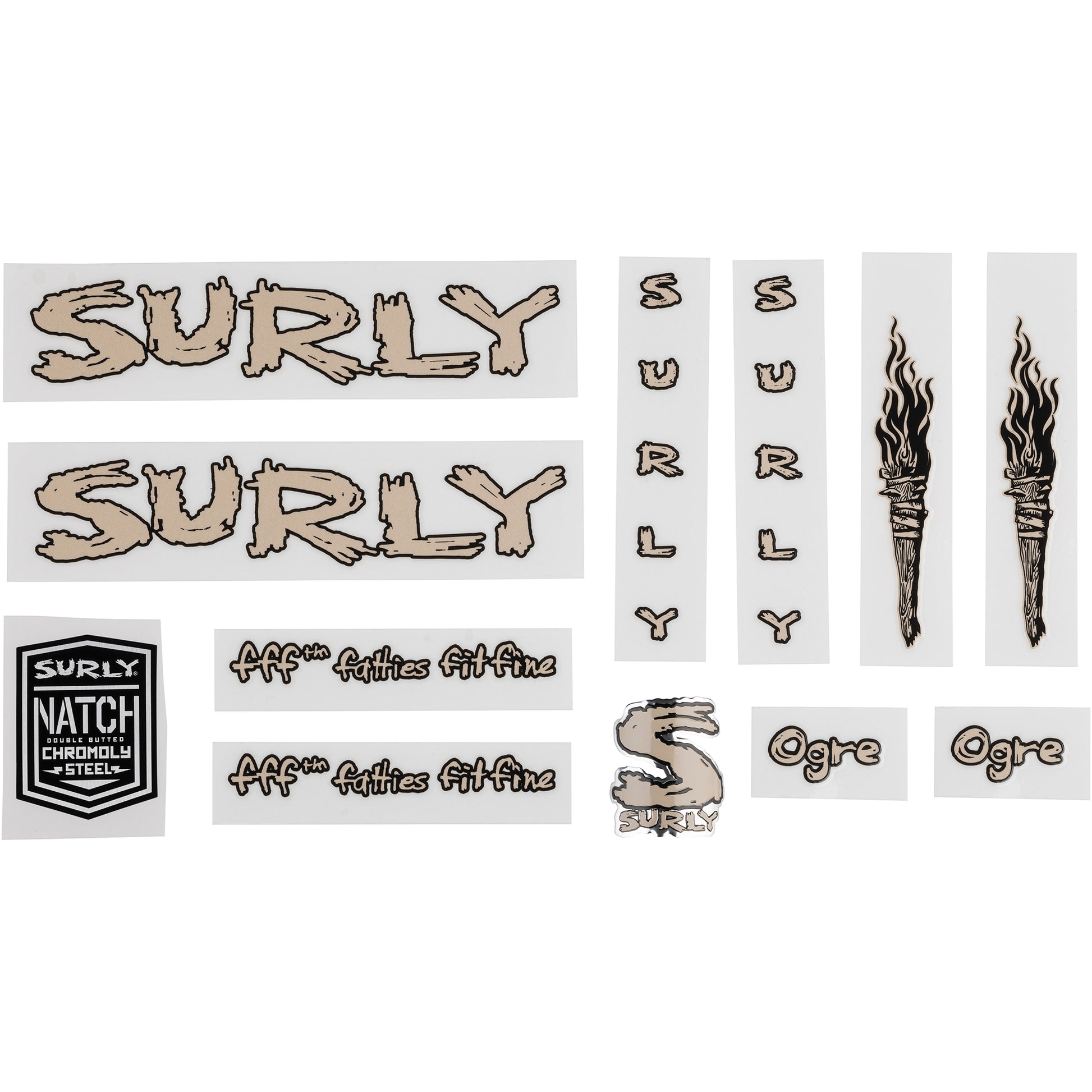 Surly Ogre Decal Set Tan sheet of all decals for bike with headbadge