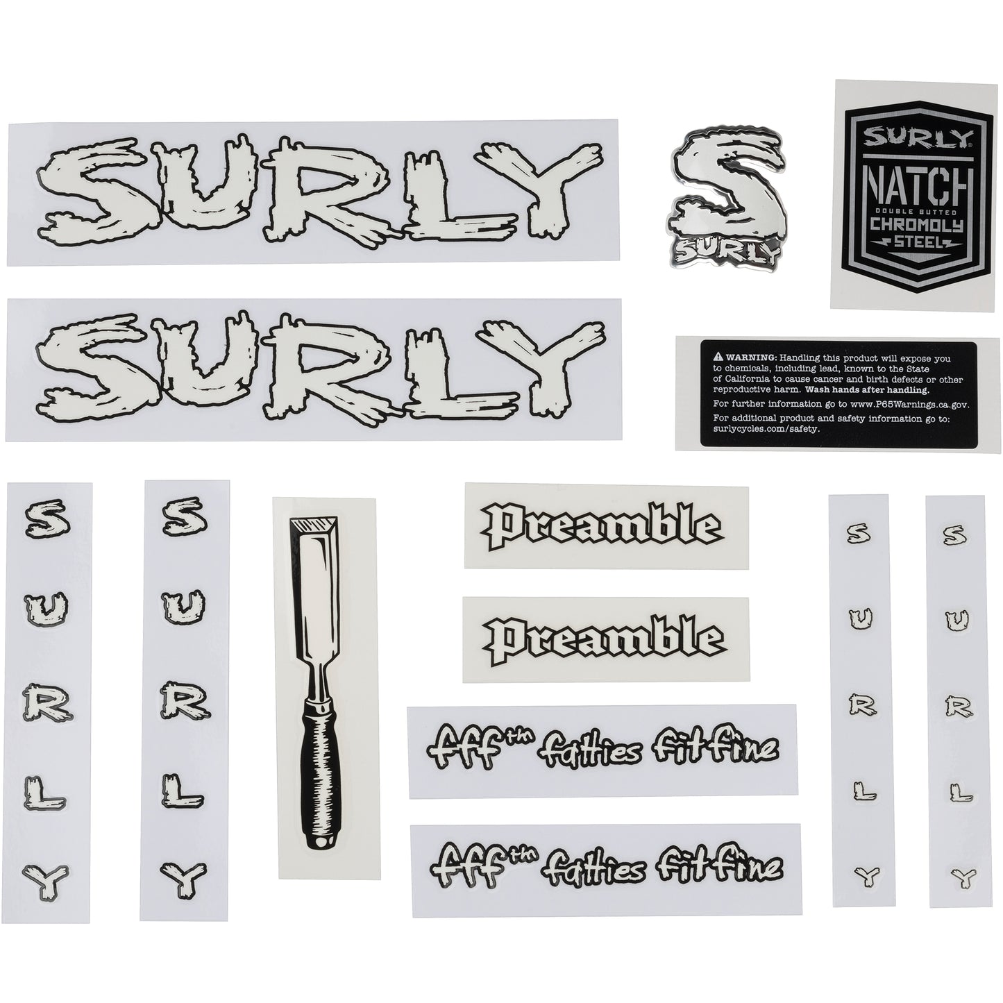 Surly Preamble Decal Set White sheet of all decals for bike with headbadge