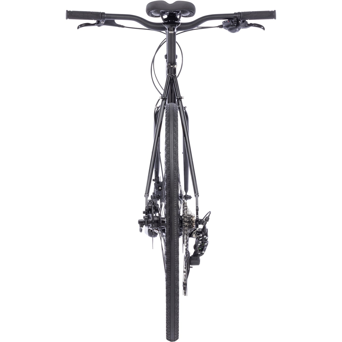 Surly Preamble Flat Bar bike black color straight-on rear view on white background