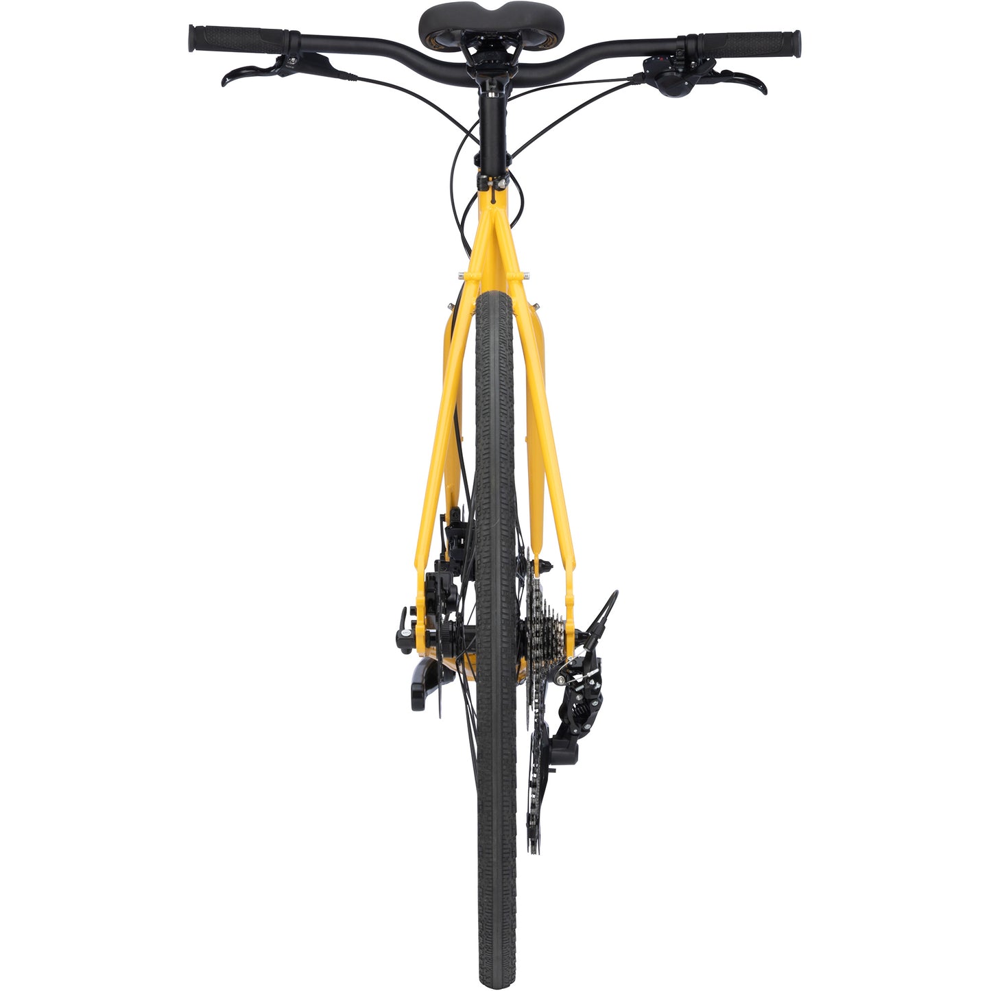 Surly Preamble Flat Bar bike yellow color straight-on rear view on white background