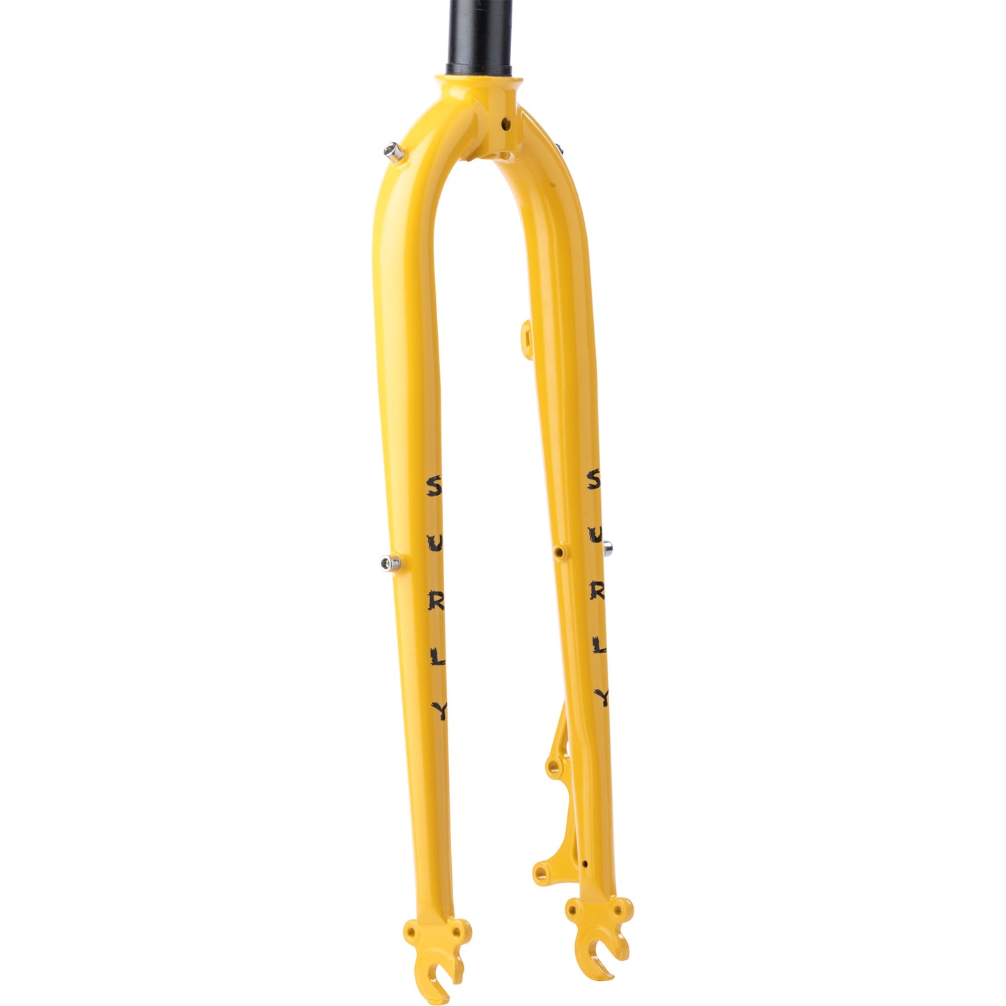 Yellow bicycle fork with 'Surly' branding on a white background
