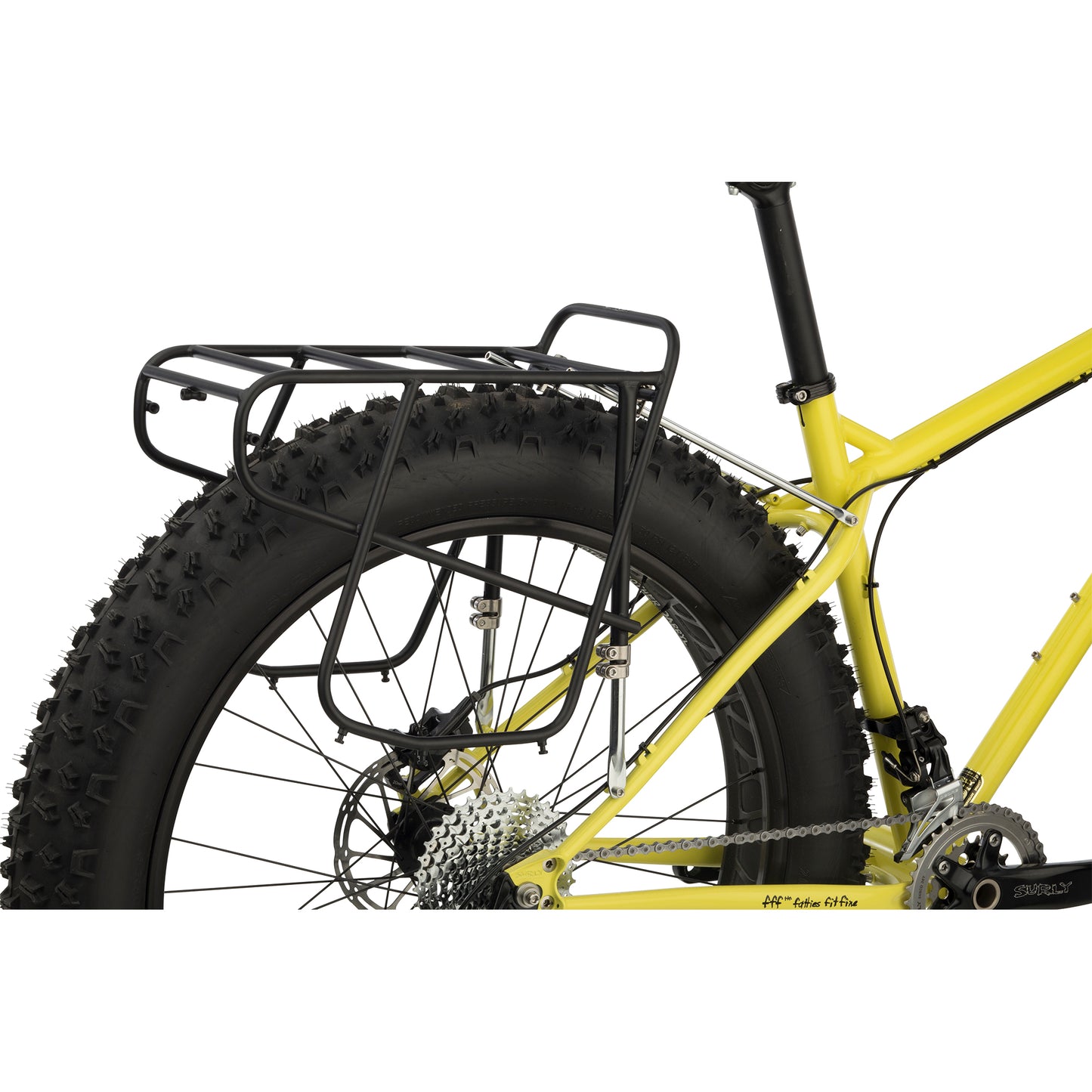 Surly Rear Disc Rack Wide, Black side view mounted on fat bike
