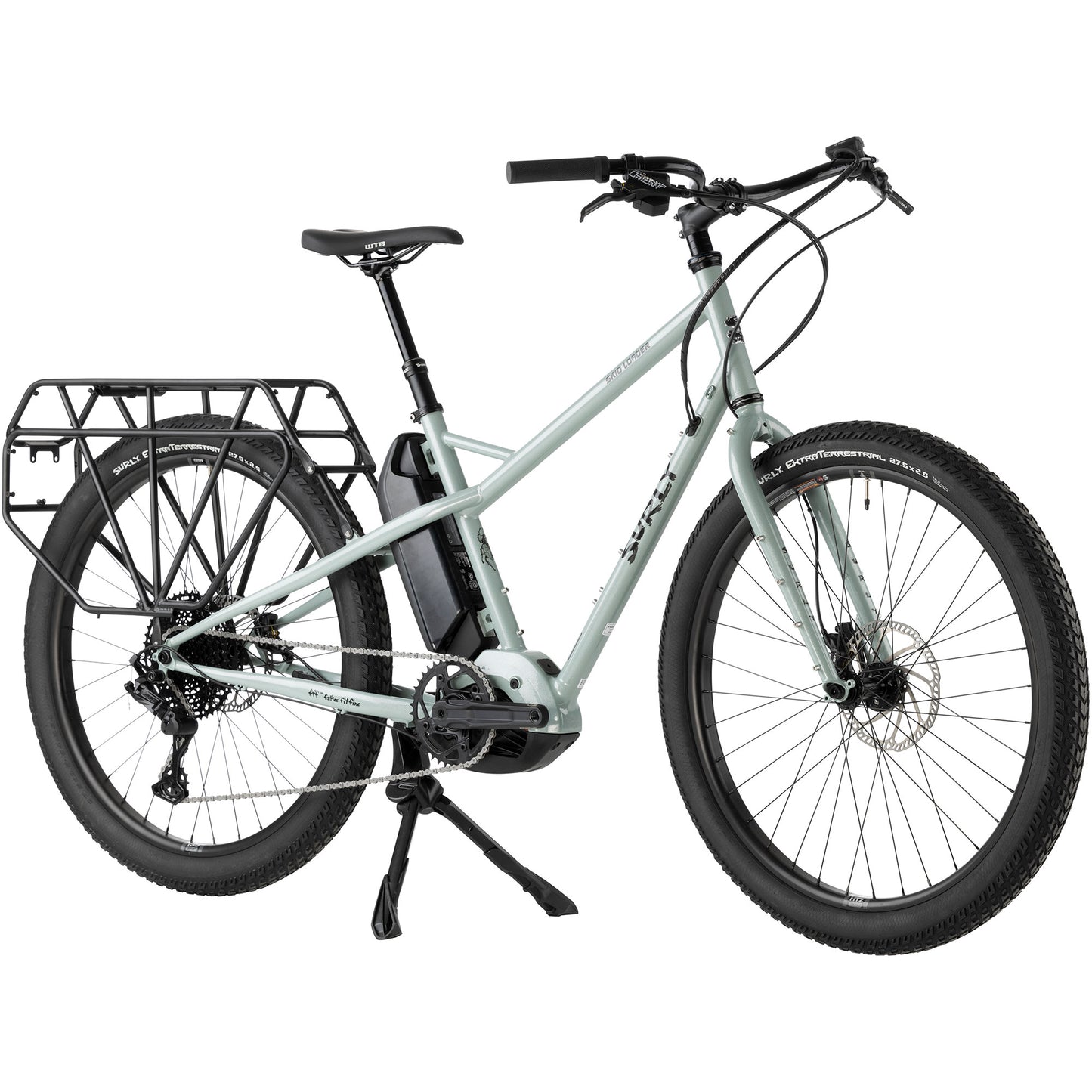 Surly Skid Loader cargo E-bike Bathwater Gray color front three-quarter view