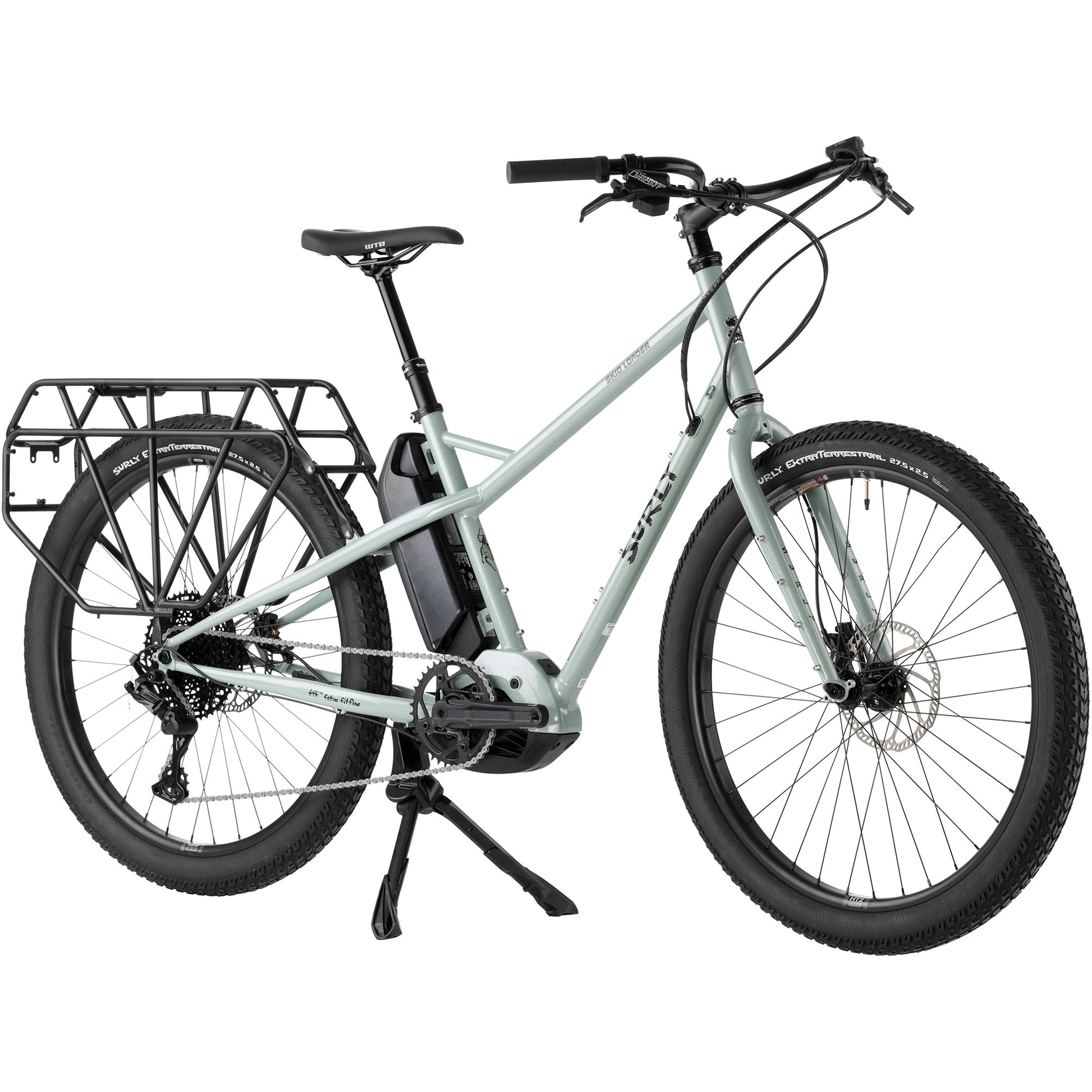 Surly Skid Loader cargo E-bike Bathwater Gray color front three-quarter view
