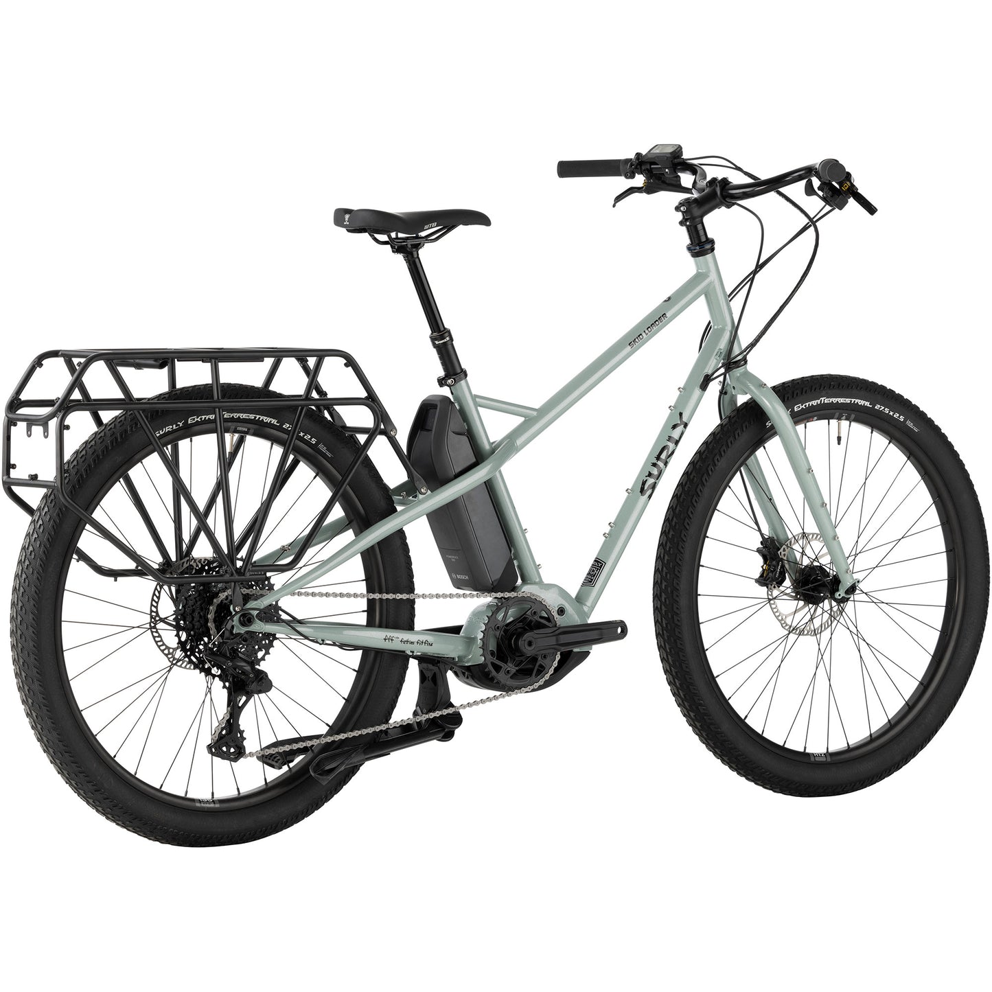 Surly Skid Loader cargo E-bike Bathwater Gray color rear three-quarter view