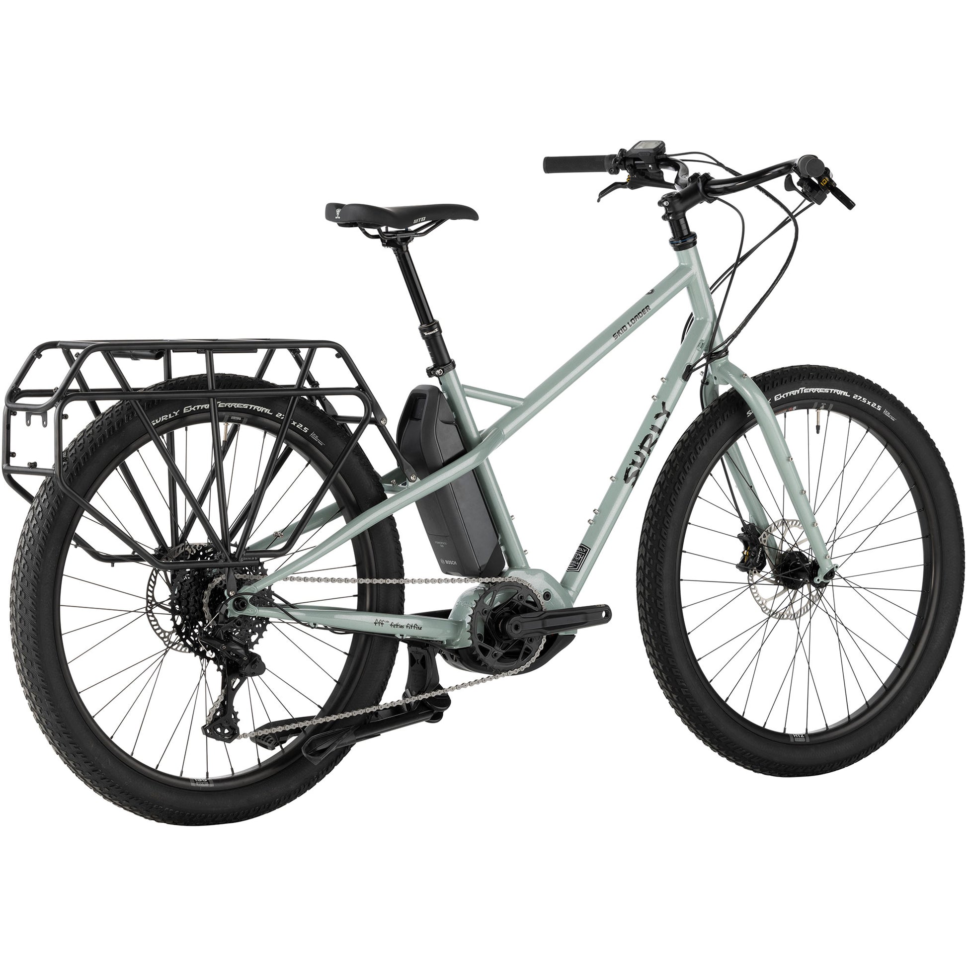 Surly Skid Loader cargo E-bike Bathwater Gray color rear three-quarter view