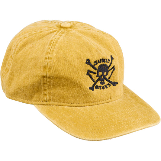 Surly Skullet Strap Back Hat mustard color front with Surly logo, skull and cross-bones, and frames
