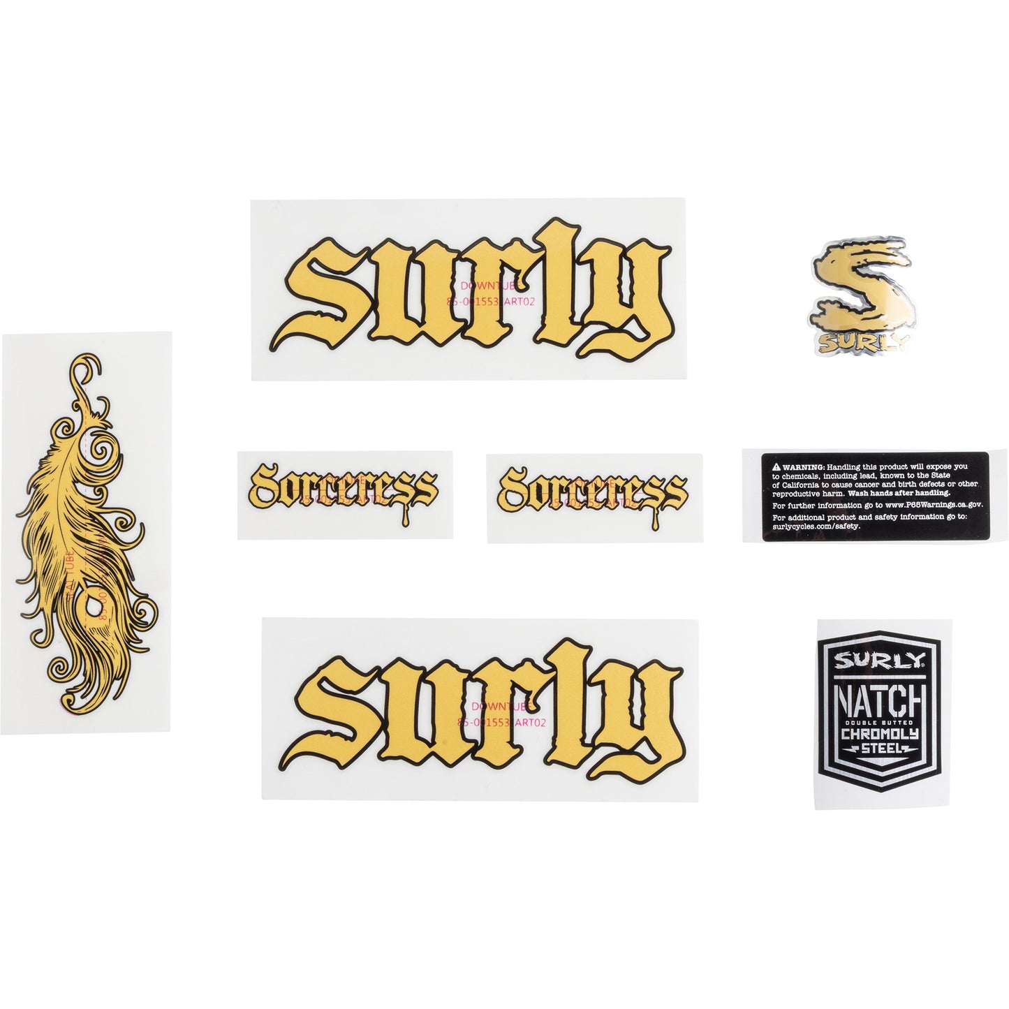 Collection of 'surlly' and 'Sorceress' branded gold decals on a white background