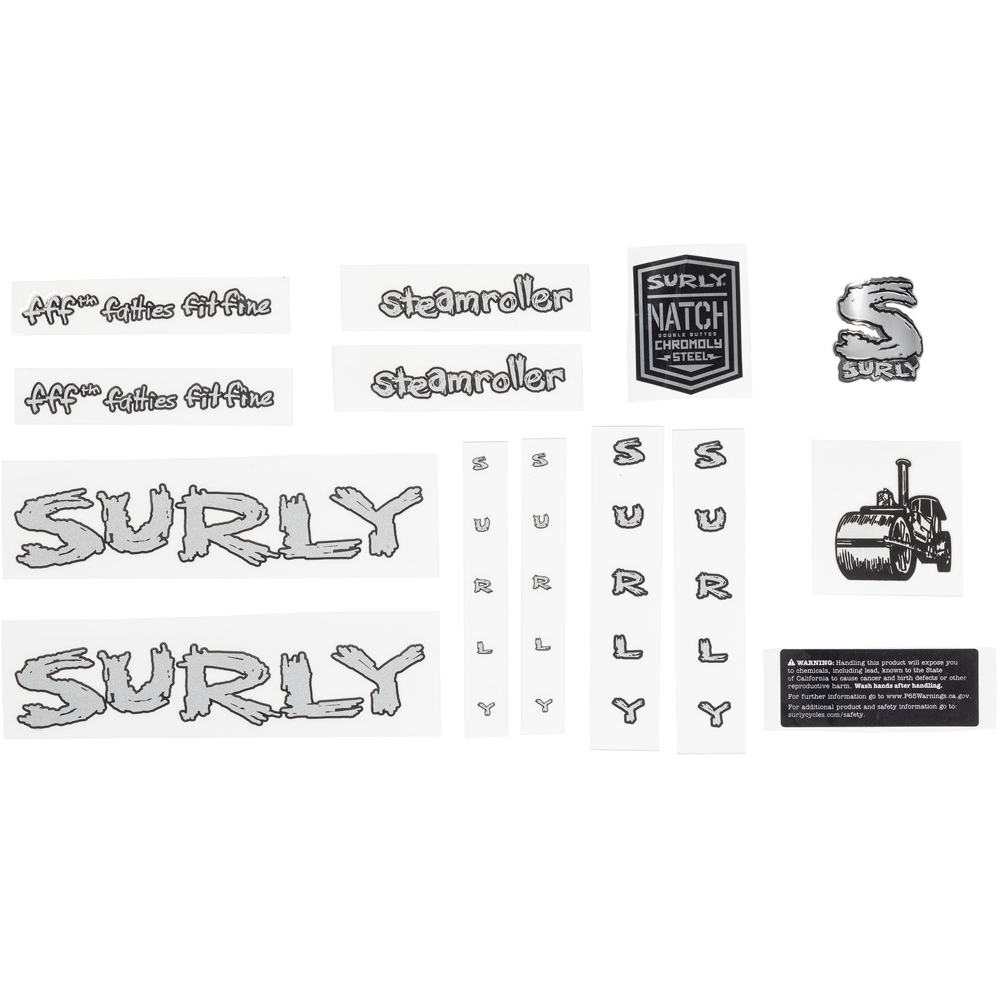 Surly Steamroller Decal Set Silver sheet of all decals for bike with headbadge