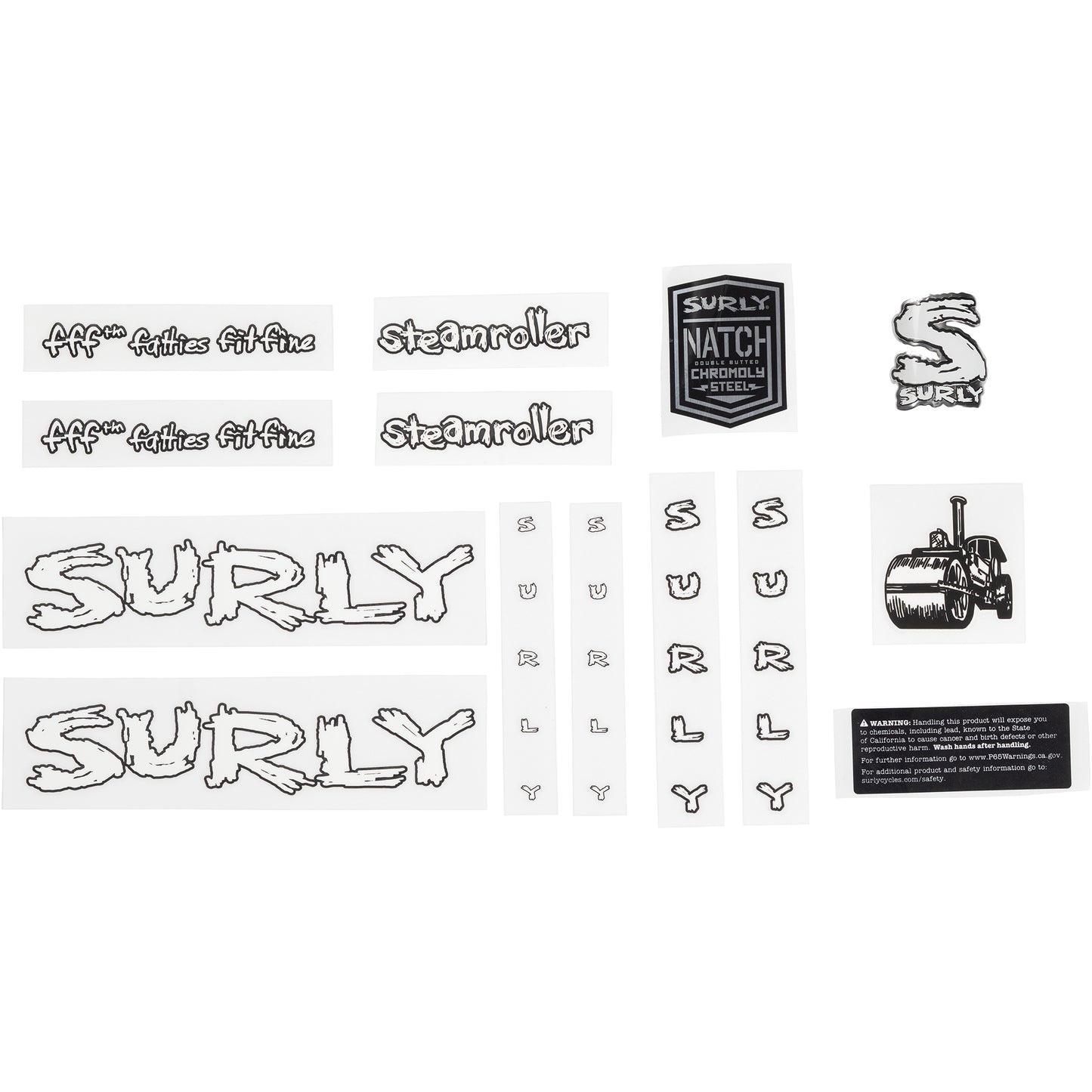 Surly Steamroller Decal Set White sheet of all decals for bike with headbadge