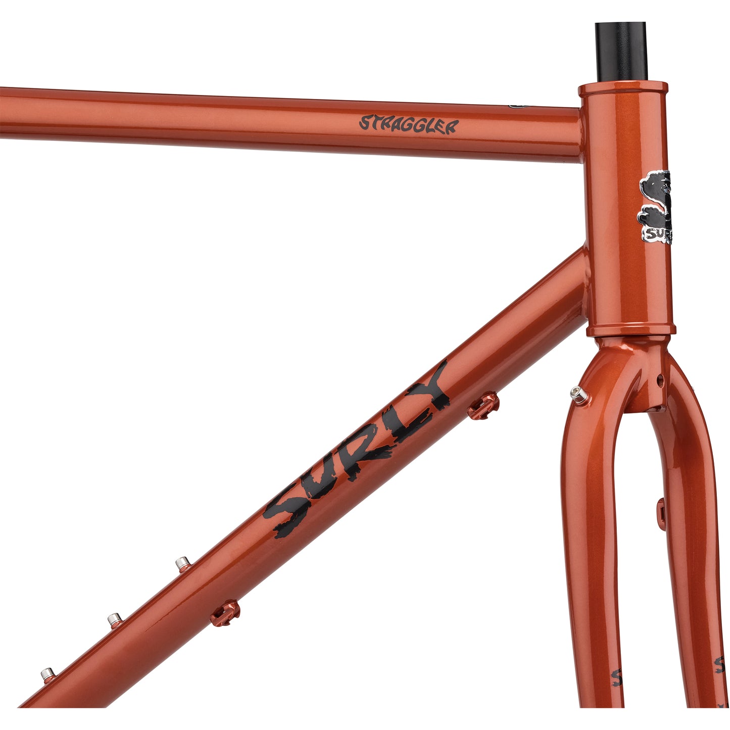 Surly Straggler frameset Shaggy Carpet orange color head tube area focus showing decals on a white background